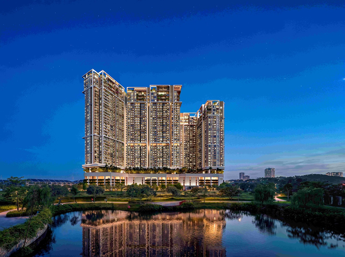 Phối cảnh Le Parc Place ParkCity Hanoi về đêm phản chiếu trên mặt hồ