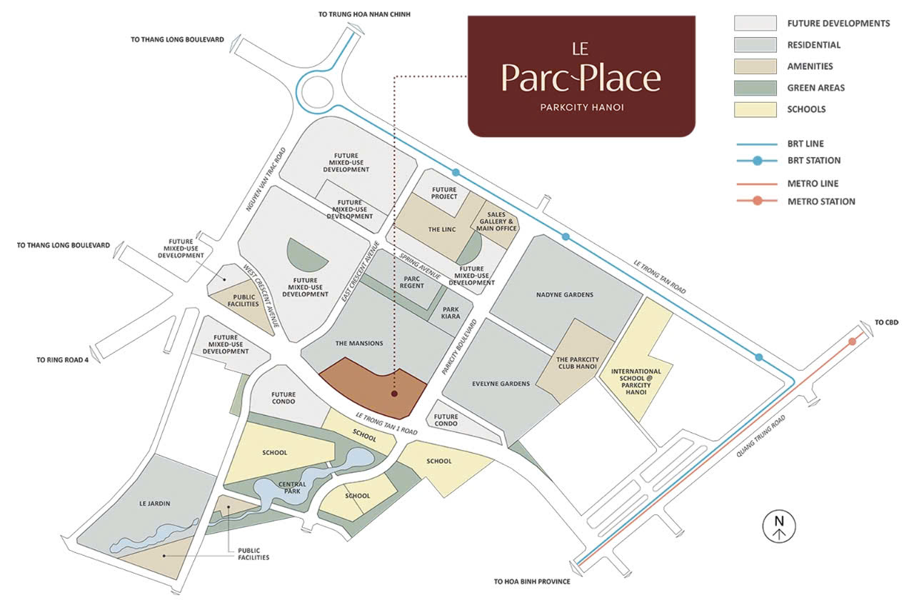 Bản đồ vị trí Le Parc Place trong quy hoạch khu đô thị ParkCity Hanoi, gần tuyến Metro và BRT