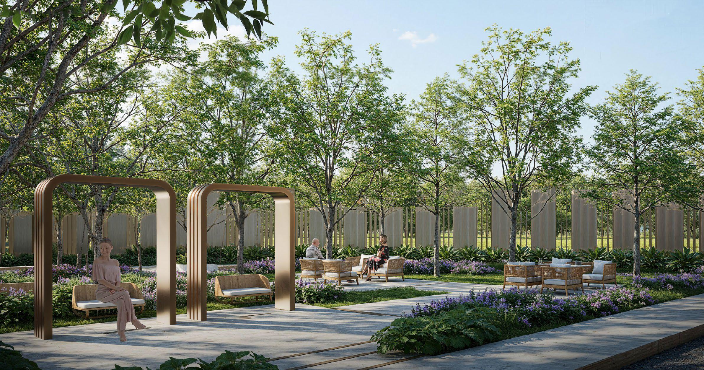 Góc sinh hoạt cộng đồng ngoài trời tầng 1 Le Parc Place giữa hàng cây xanh