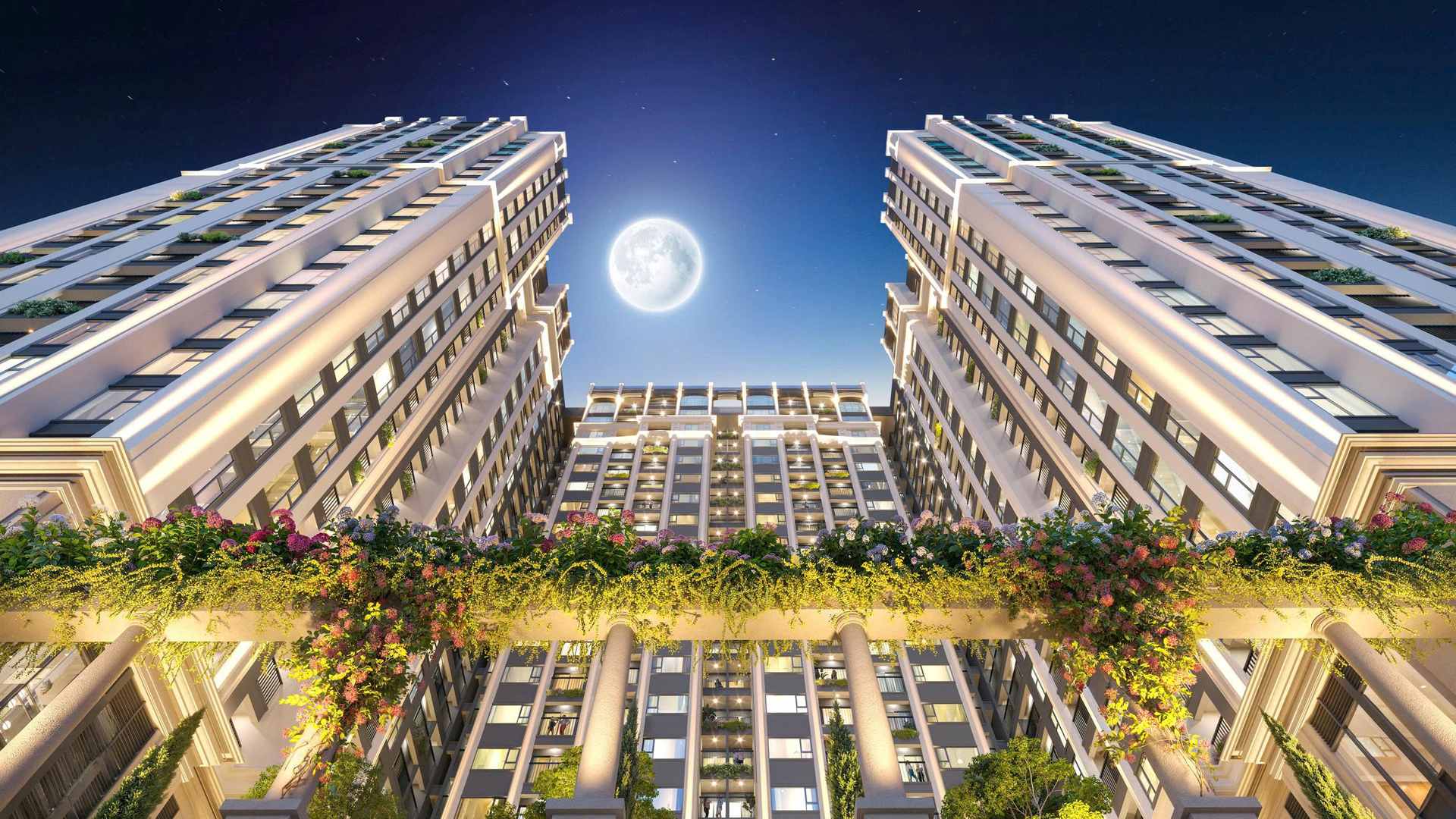 Hai tòa tháp Moonlight 2 hình chữ U về đêm với vườn treo trên khối đế