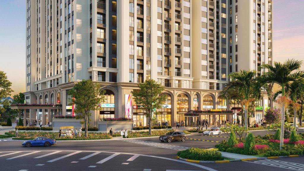 Khối đế thương mại tân cổ điển của Moonlight 2 với sảnh vòm và mảng xanh ven đường