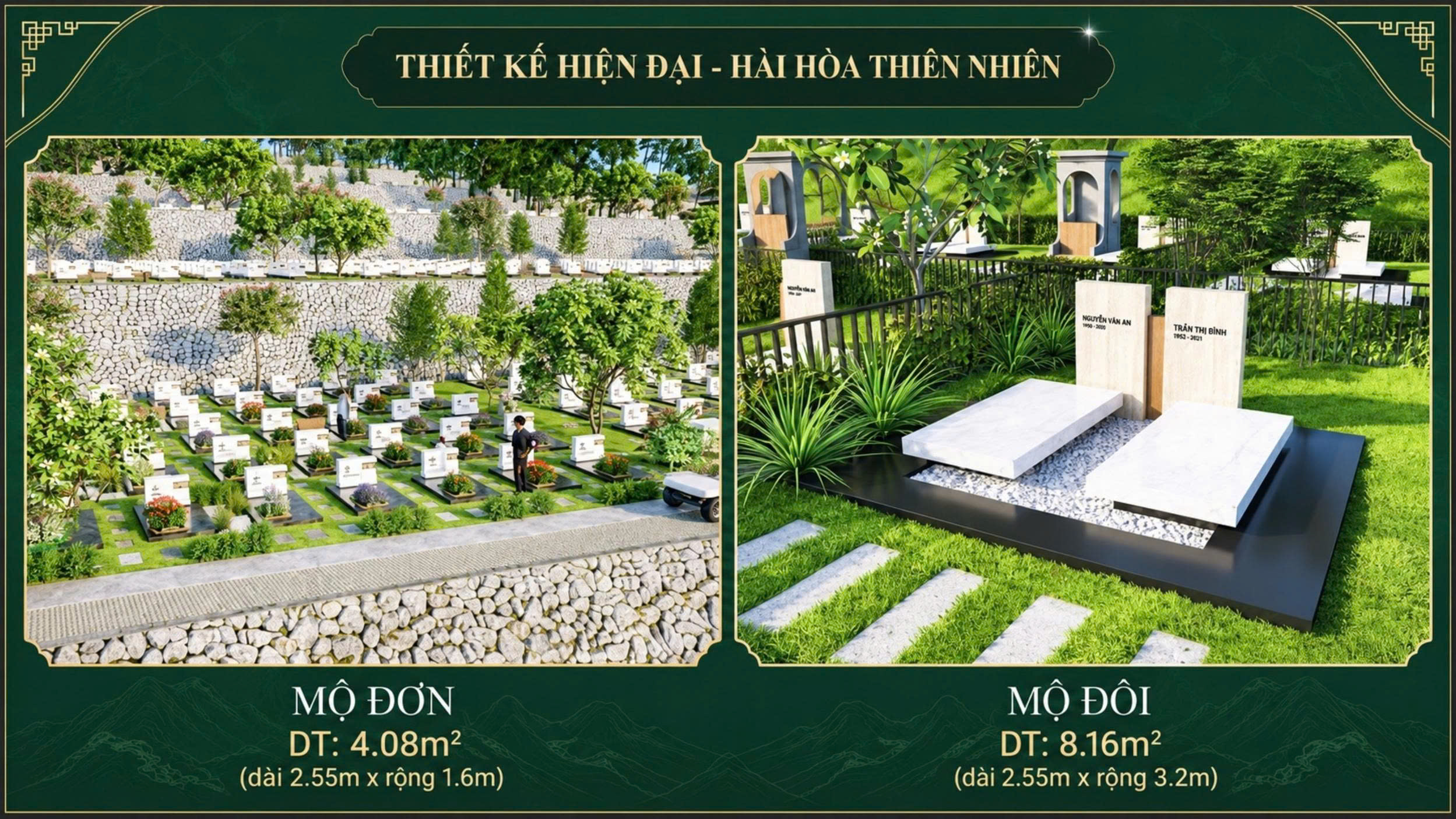 Kích thước mộ đơn 4,08 m² và mộ đôi 8,16 m² tại Thiên Phúc Vĩnh Hằng Viên