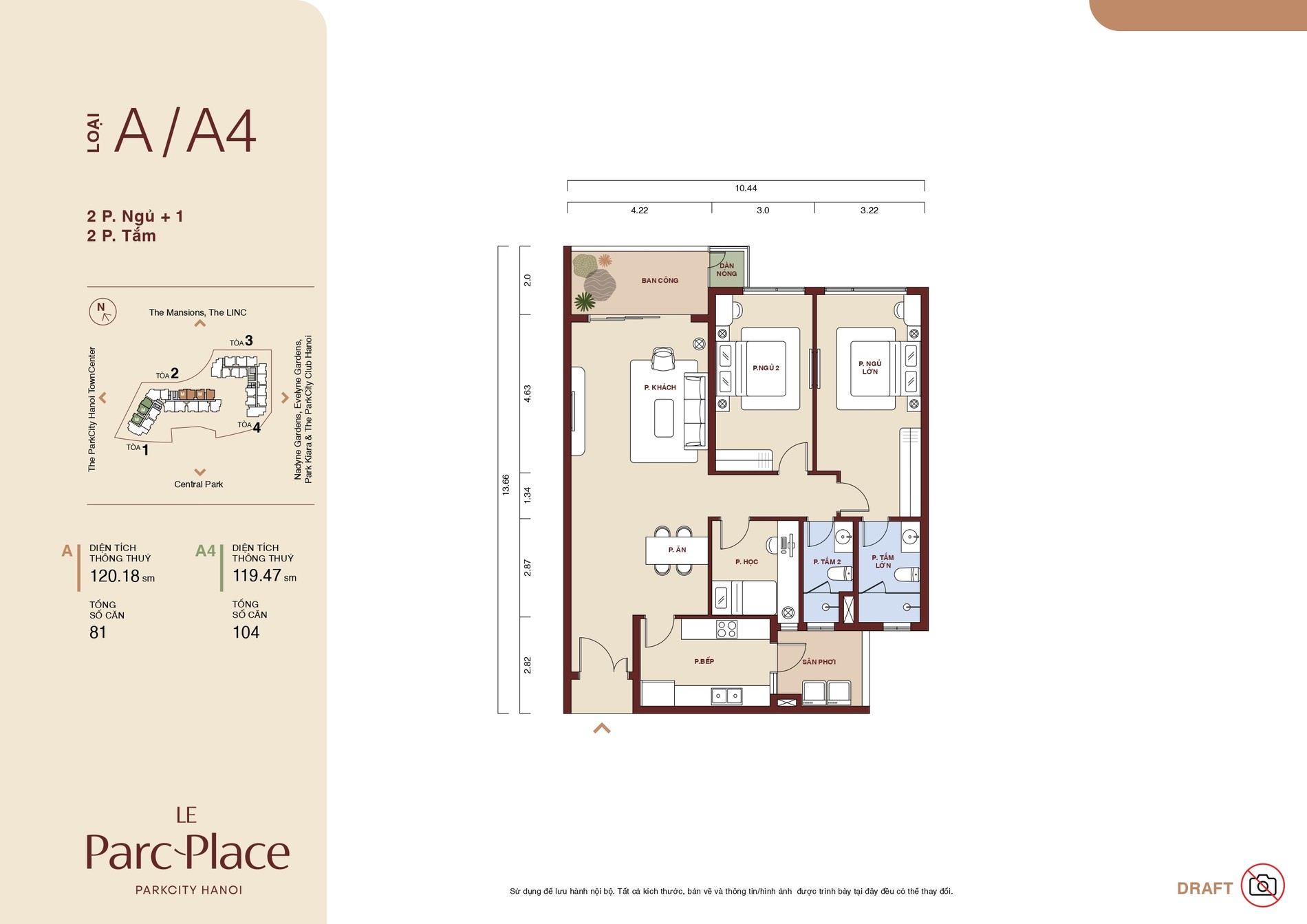 Mặt bằng căn A, A4 Le Parc Place loại 2 phòng ngủ + 1 phòng làm việc 2 WC diện tích 120,18 và 119,47 m²