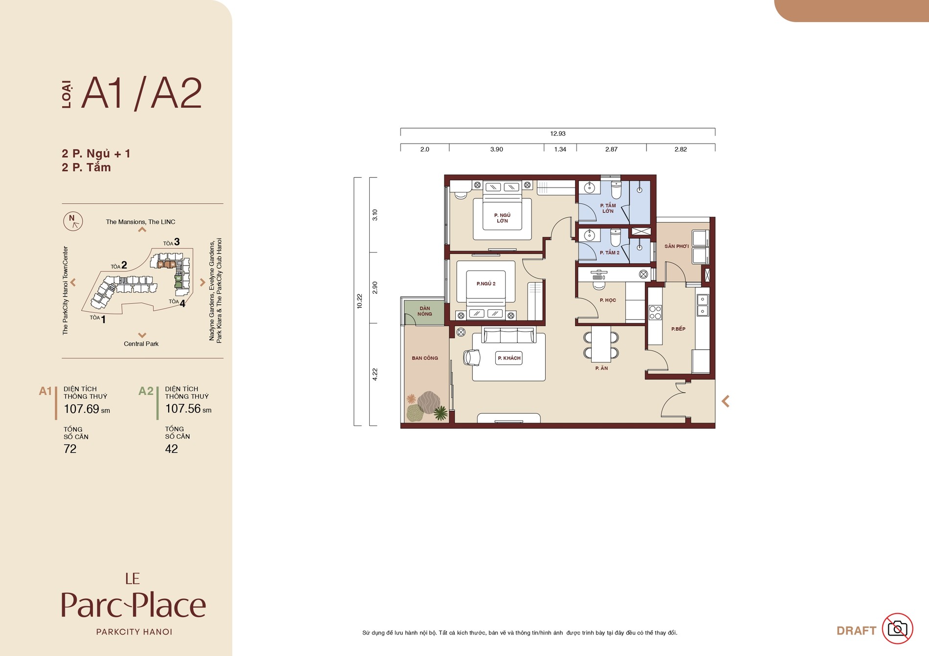 Mặt bằng căn A1, A2 Le Parc Place loại 2 phòng ngủ + 1 phòng làm việc 2 WC diện tích 107,69 và 107,56 m²