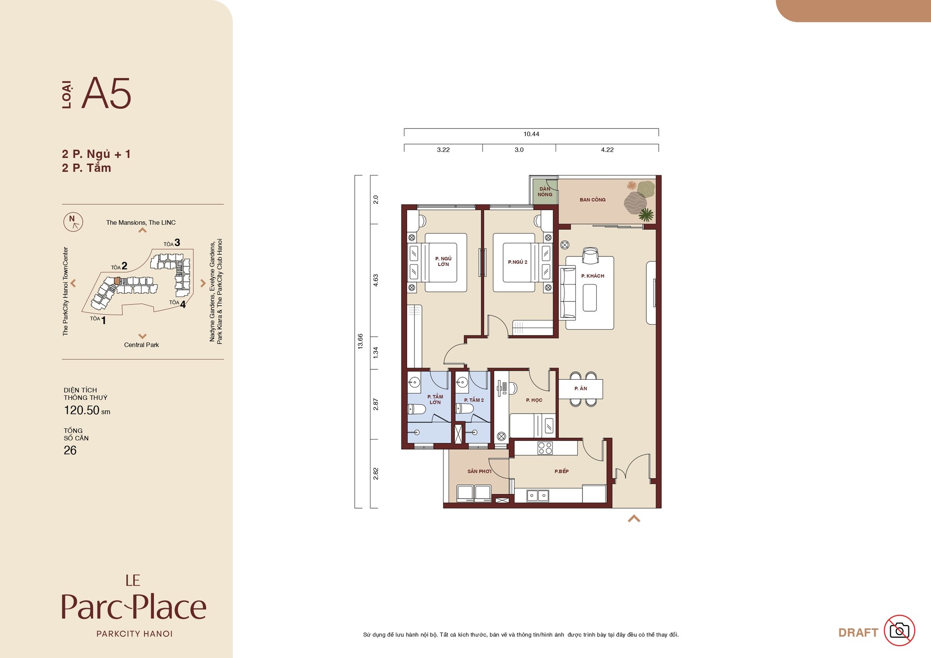 Mặt bằng căn A5 Le Parc Place loại 2 phòng ngủ + 1 phòng làm việc 2 WC diện tích 120,50 m²