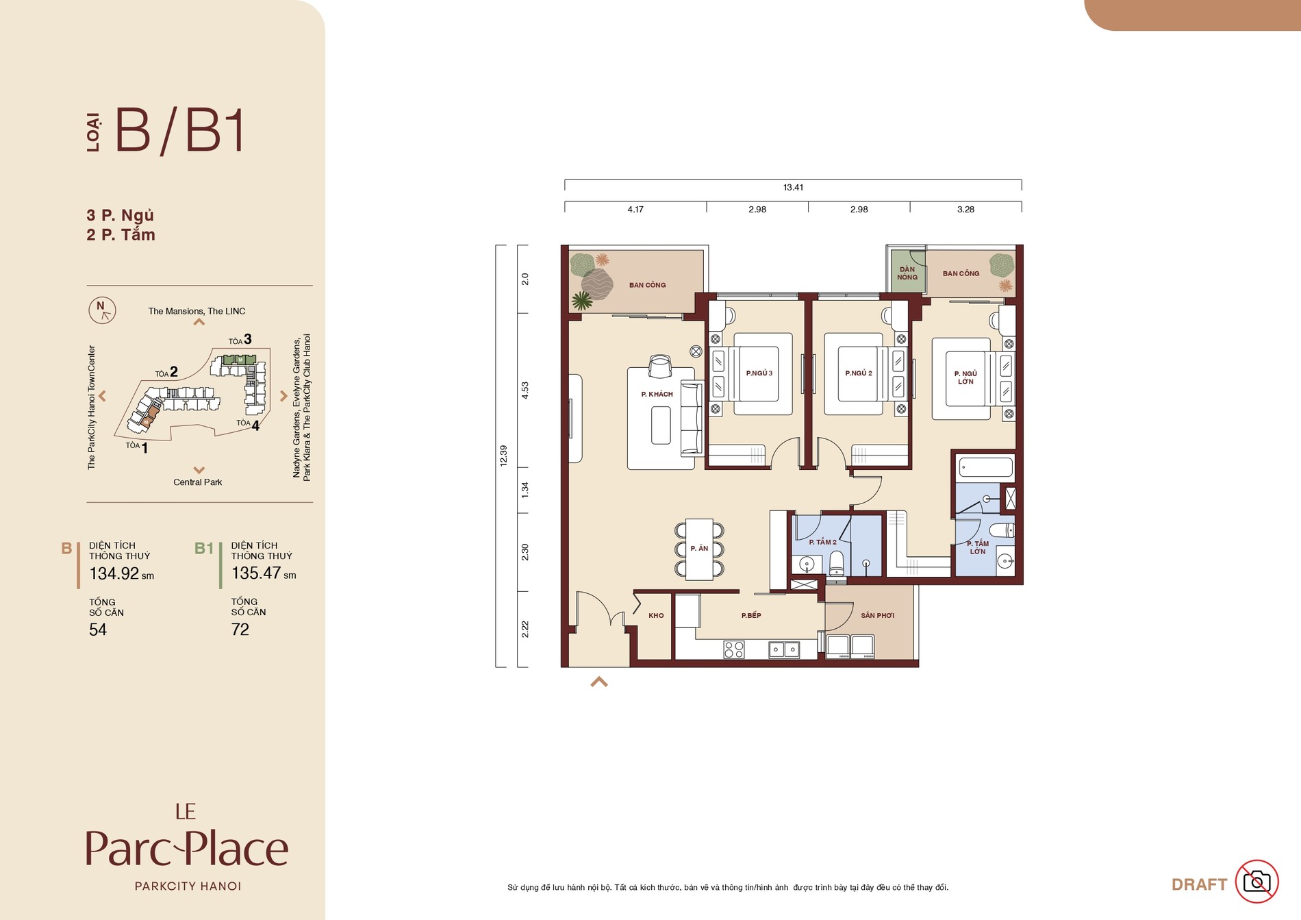 Mặt bằng căn B, B1 Le Parc Place loại 3 phòng ngủ 2 WC diện tích 134,92 và 135,47 m²