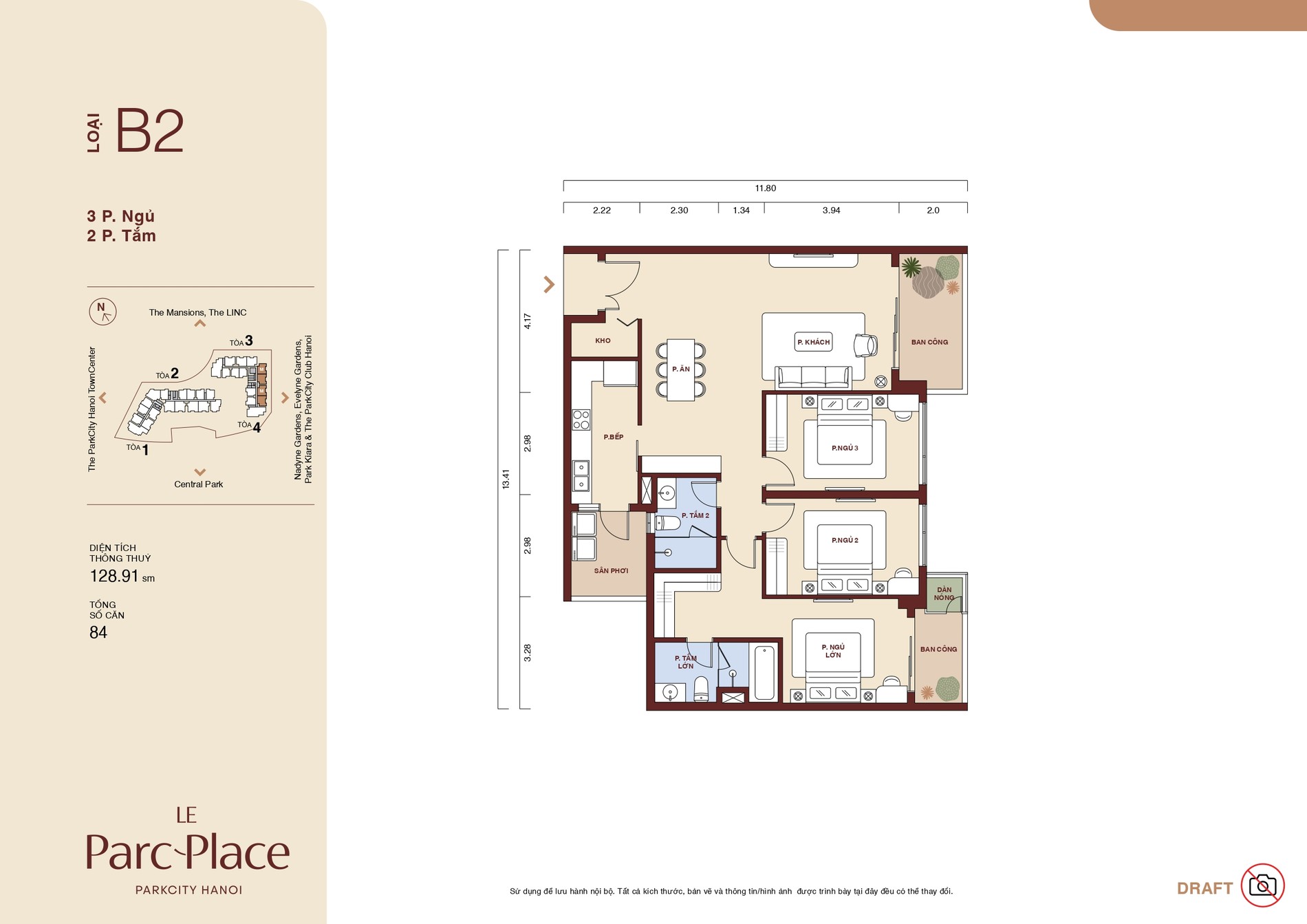 Mặt bằng căn B2 Le Parc Place loại 3 phòng ngủ 2 WC diện tích 128,91 m²