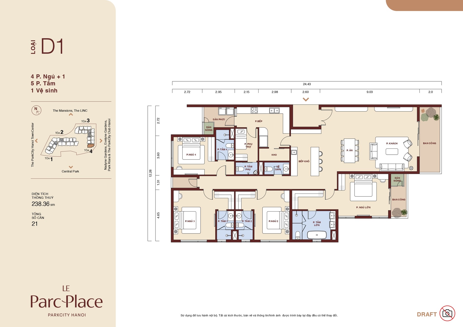 Mặt bằng căn D1 Le Parc Place loại 4 phòng ngủ + 1 phòng làm việc 5 phòng tắm diện tích 238,36 m²