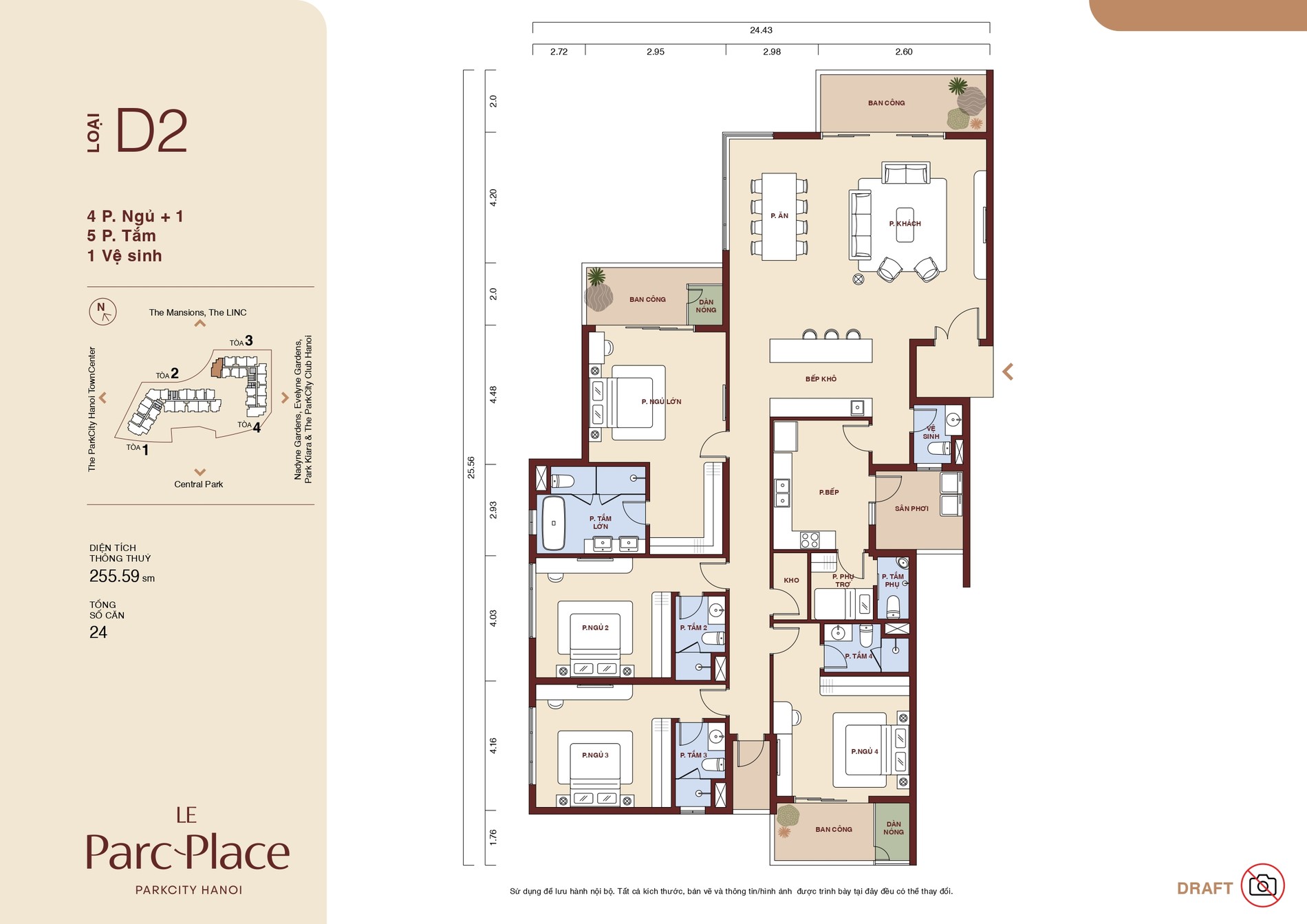 Mặt bằng căn D2 Le Parc Place loại 4 phòng ngủ + 1 phòng làm việc 5 phòng tắm diện tích 255,59 m²