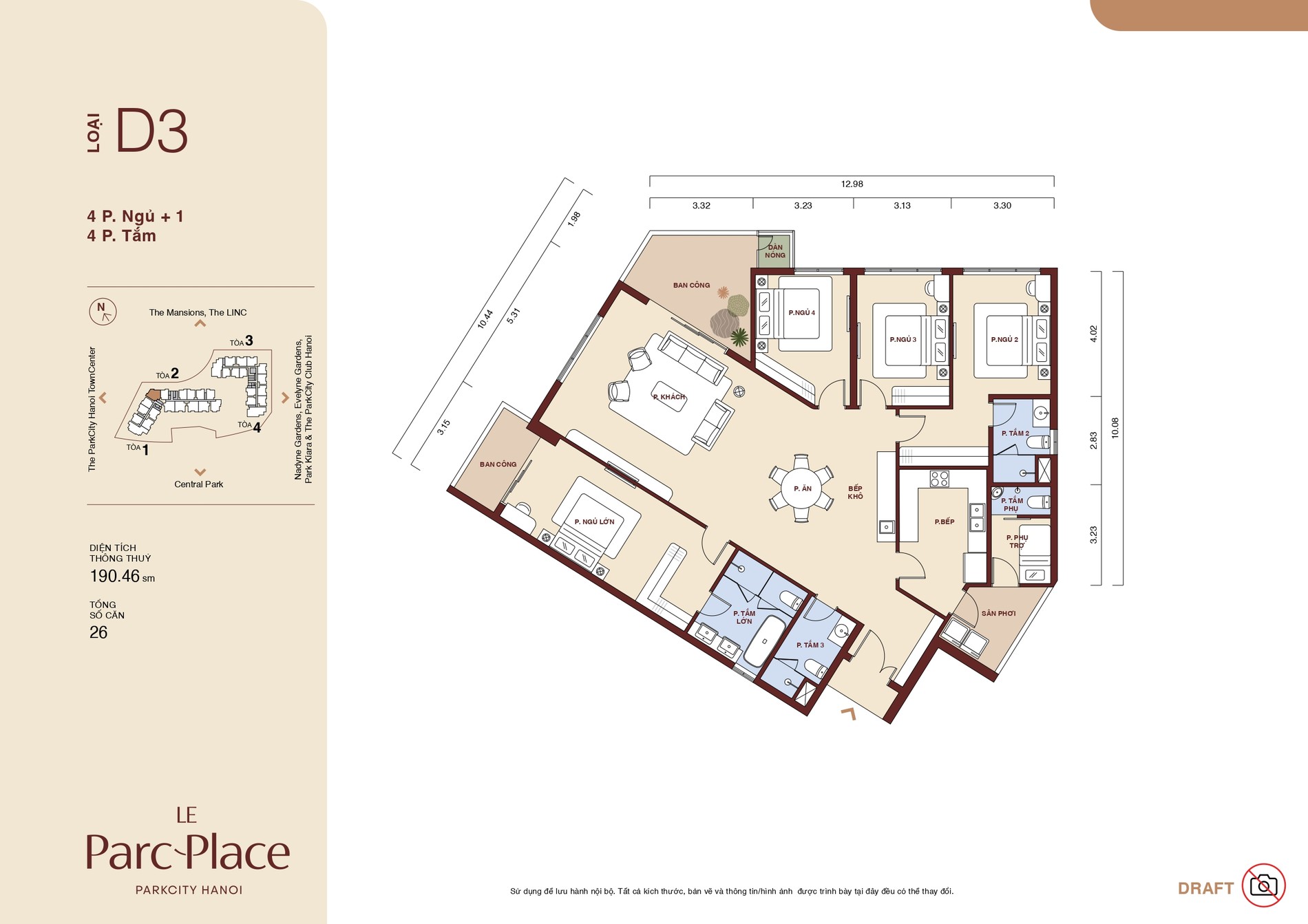 Mặt bằng căn D3 Le Parc Place loại 4 phòng ngủ + 1 phòng làm việc 4 phòng tắm diện tích 190,46 m²