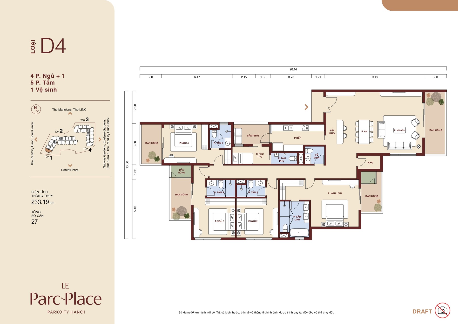 Mặt bằng căn D4 Le Parc Place loại 4 phòng ngủ + 1 phòng làm việc 5 phòng tắm diện tích 233,19 m²