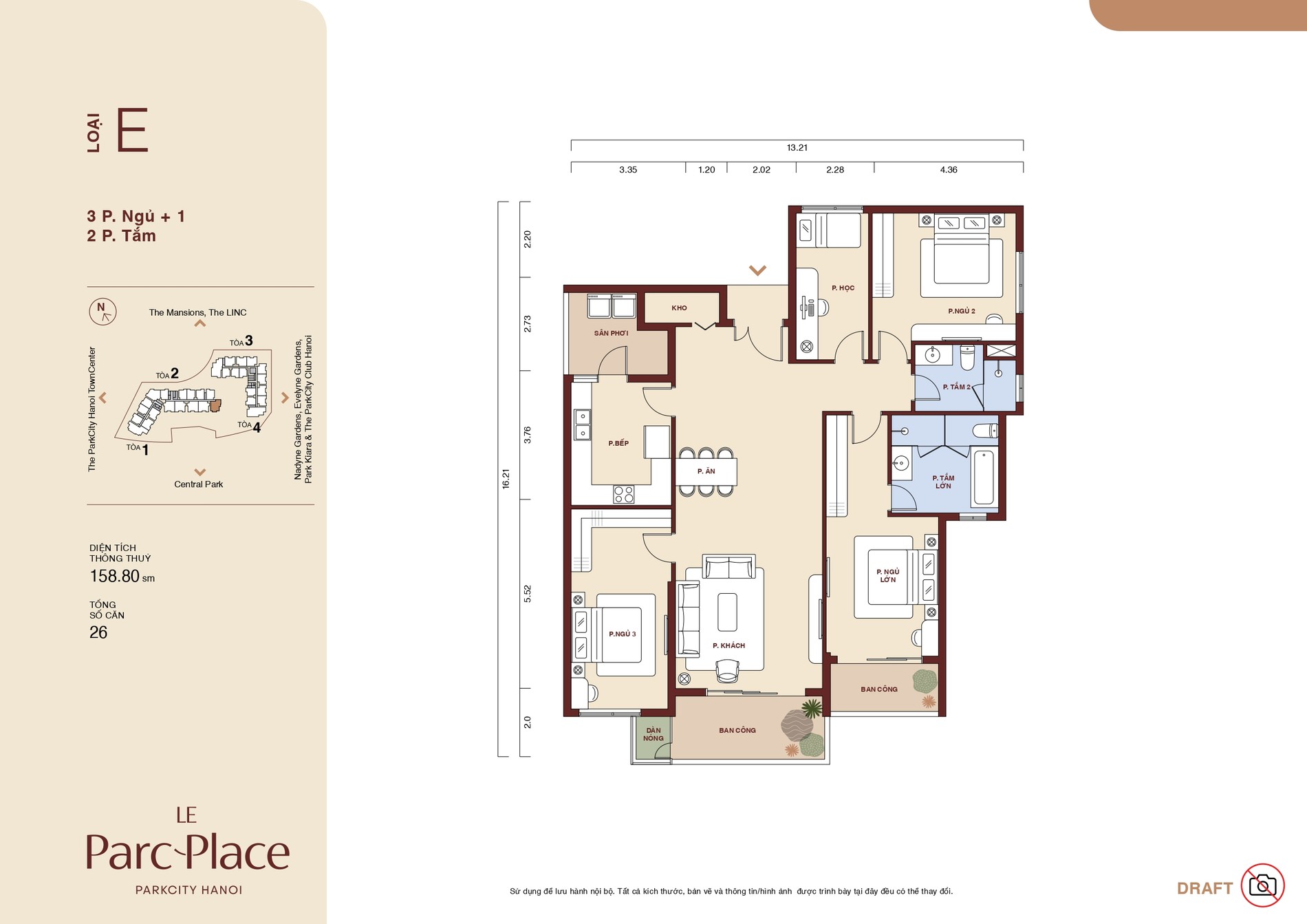 Mặt bằng căn E Le Parc Place loại 3 phòng ngủ + 1 phòng làm việc 2 WC diện tích 158,80 m²