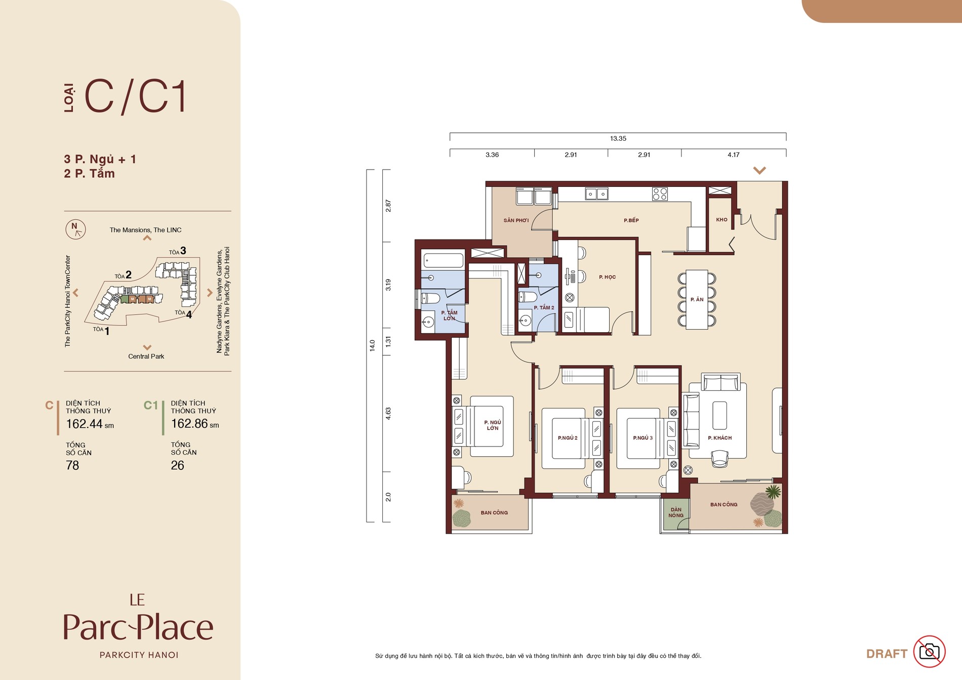 Mặt bằng căn góc C, C1 Le Parc Place loại 3 phòng ngủ + 1 phòng làm việc 2 WC diện tích 162,44 và 162,86 m²