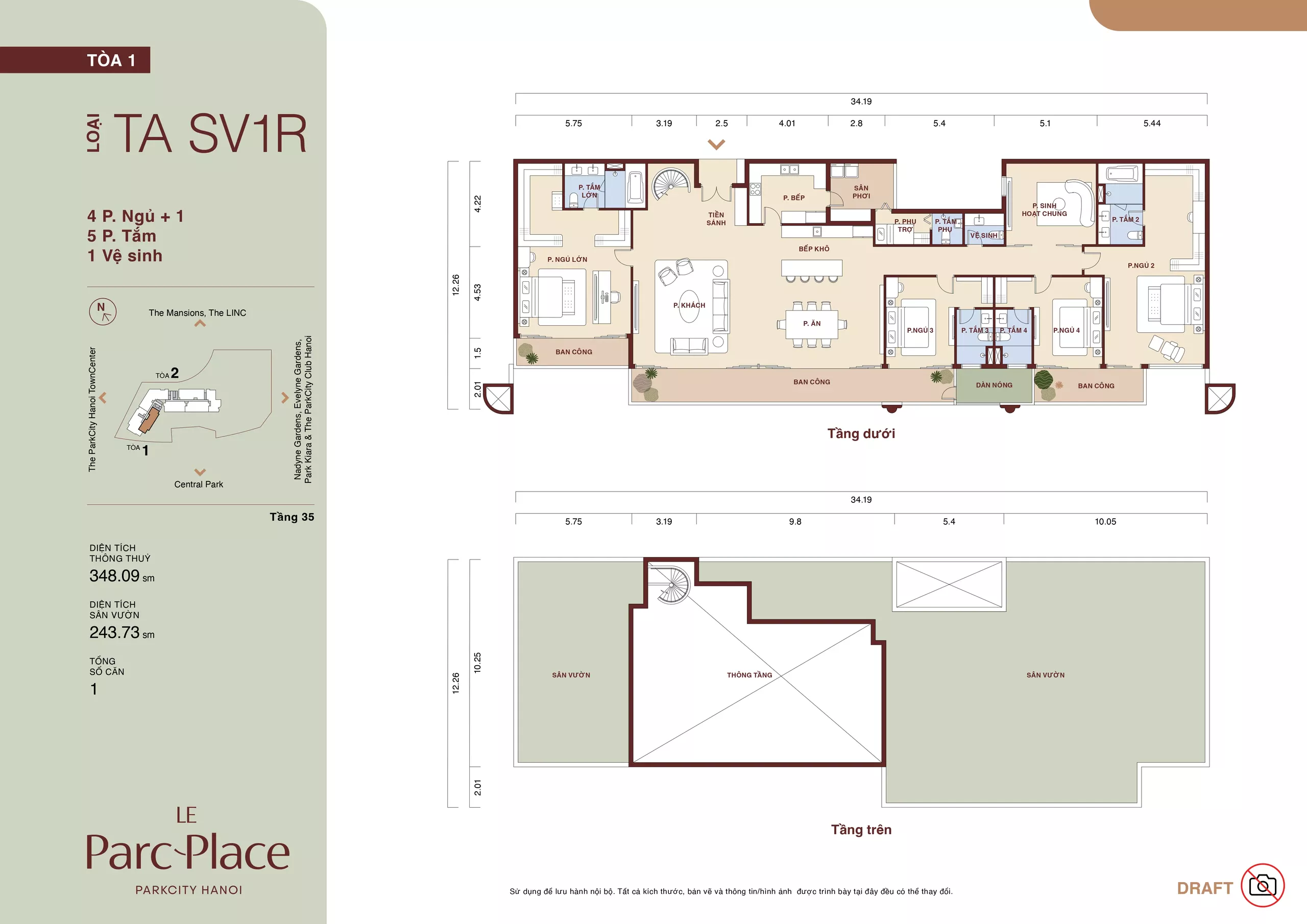 Mặt bằng Sky Villa TA SV1R Le Parc Place tòa A loại 4 phòng ngủ + 1 diện tích thông thủy 348,09 m² sân vườn 243,73 m²