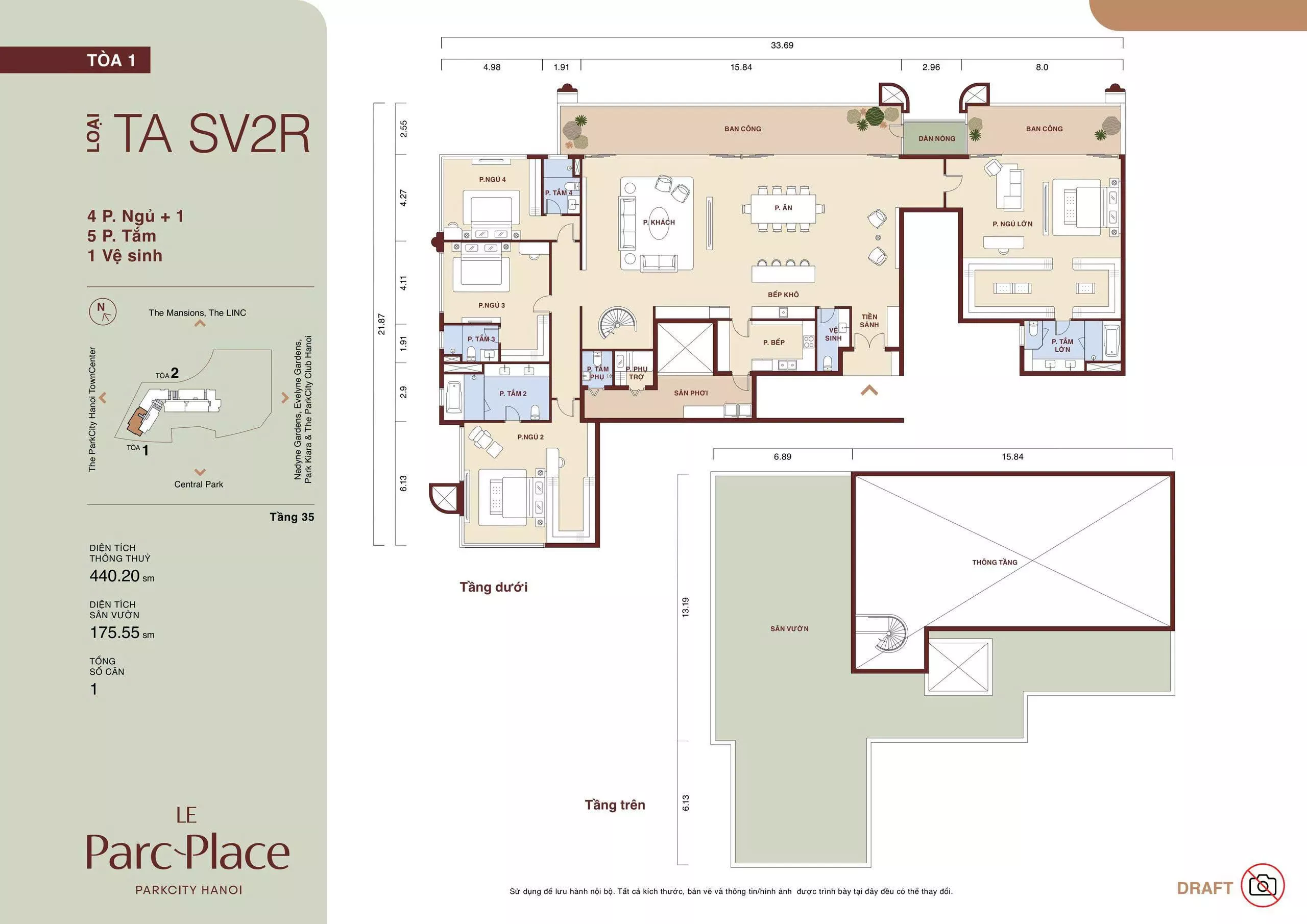 Mặt bằng Sky Villa TA SV2R Le Parc Place tòa A loại 4 phòng ngủ + 1 diện tích thông thủy 440,20 m² sân vườn 175,55 m²