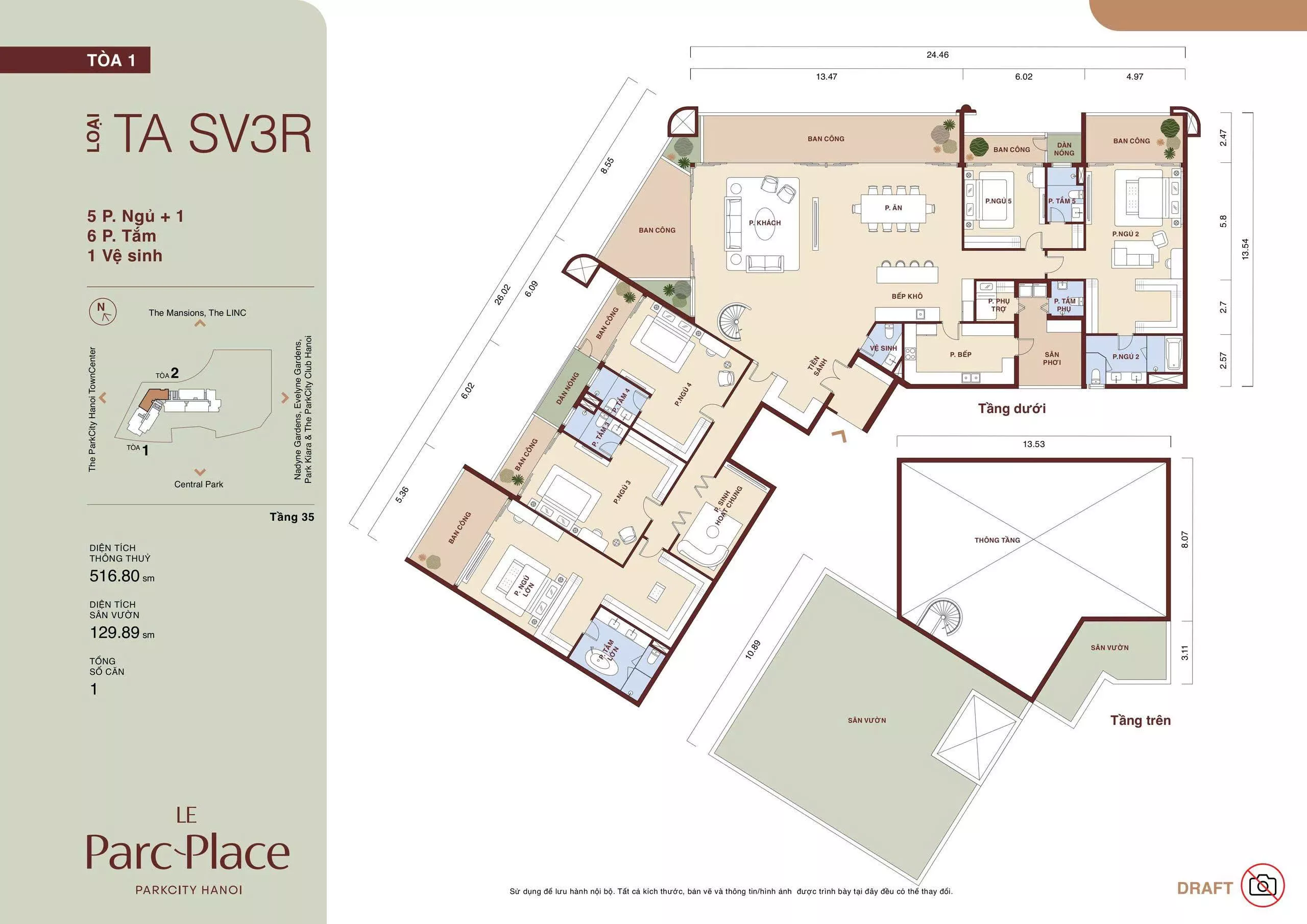 Mặt bằng Sky Villa TA SV3R Le Parc Place tòa A loại 5 phòng ngủ + 1 diện tích thông thủy 516,80 m² sân vườn 129,89 m²