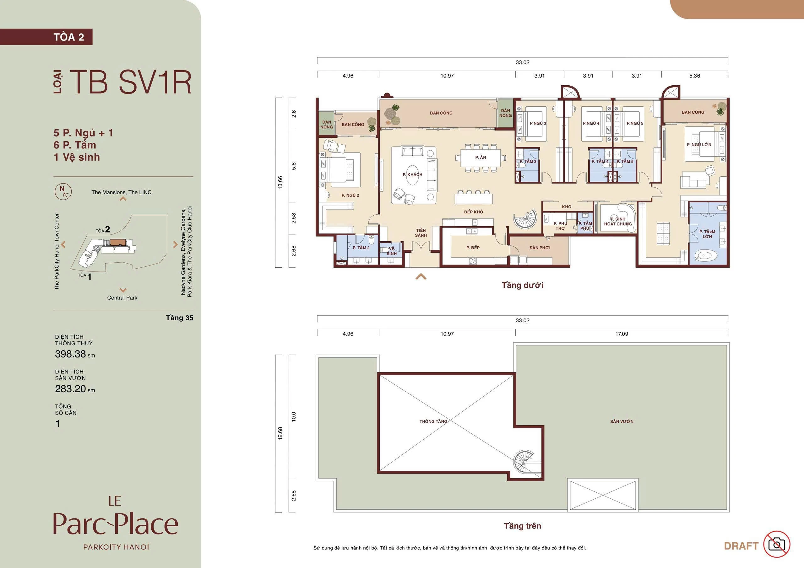 Mặt bằng Sky Villa TB SV1R Le Parc Place tòa B loại 5 phòng ngủ + 1 diện tích thông thủy 398,38 m² sân vườn 283,20 m²