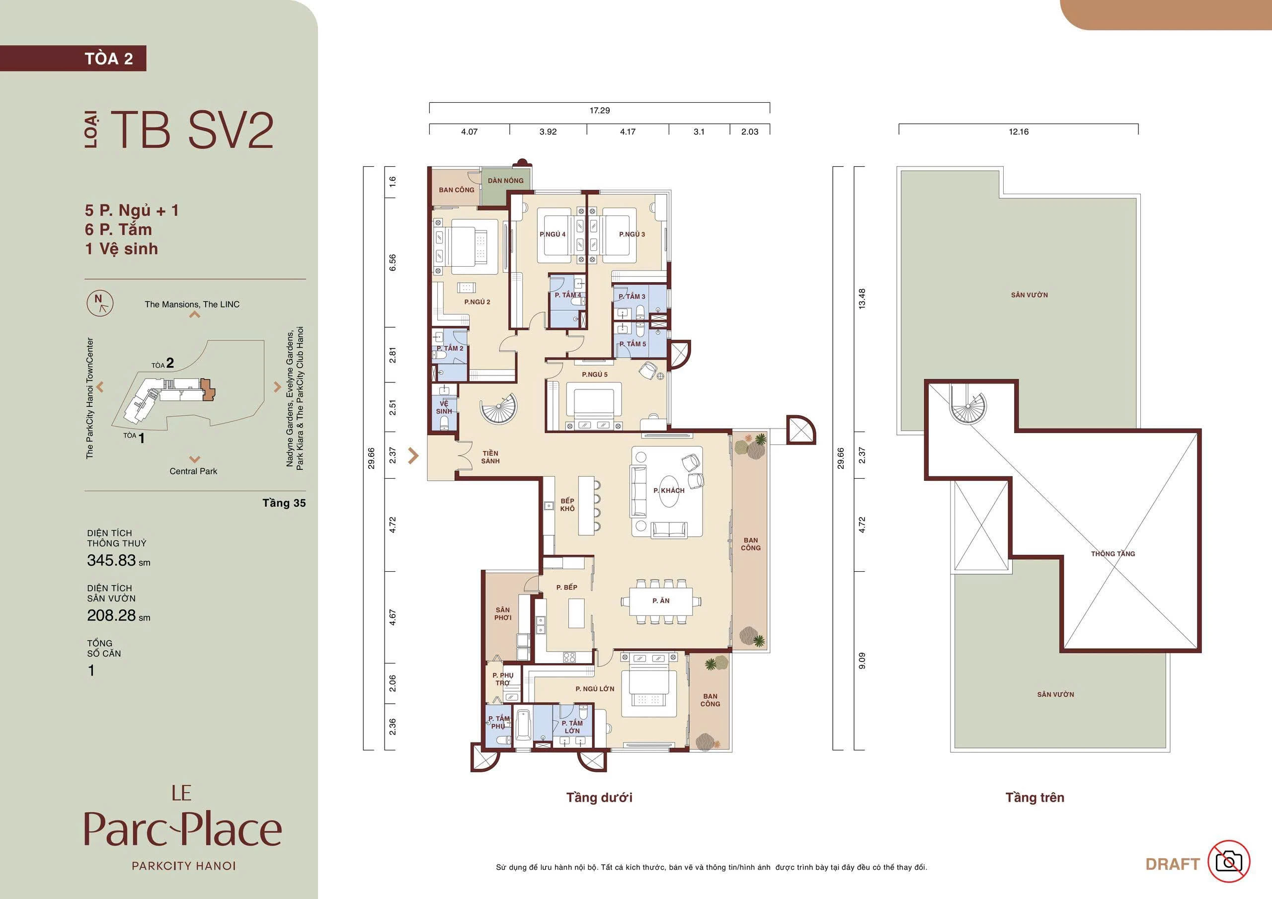Mặt bằng Sky Villa TB SV2 Le Parc Place tòa B loại 5 phòng ngủ + 1 diện tích thông thủy 345,83 m² sân vườn 208,28 m²