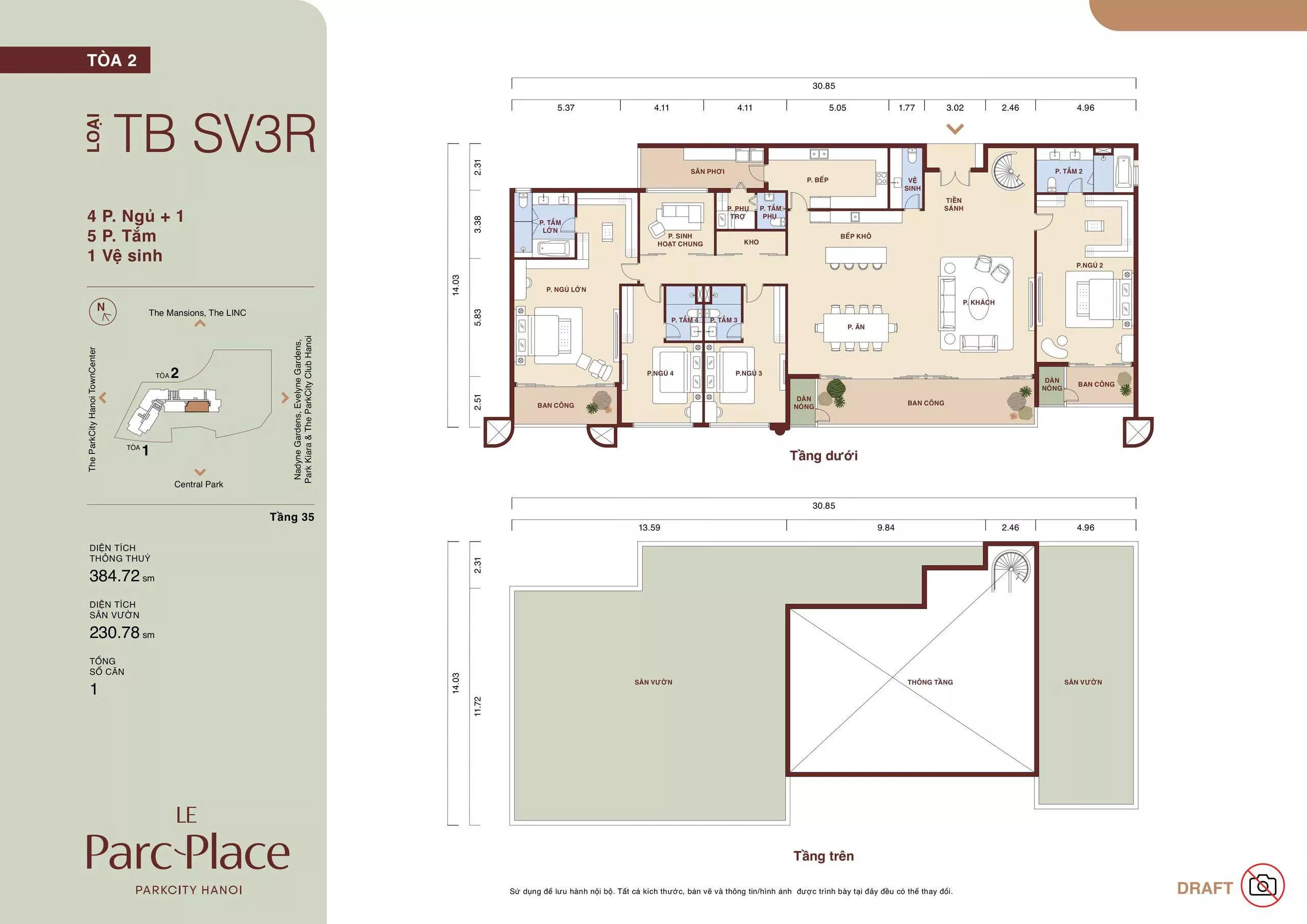 Mặt bằng Sky Villa TB SV3R Le Parc Place tòa B loại 4 phòng ngủ + 1 diện tích thông thủy 384,72 m² sân vườn 230,78 m²