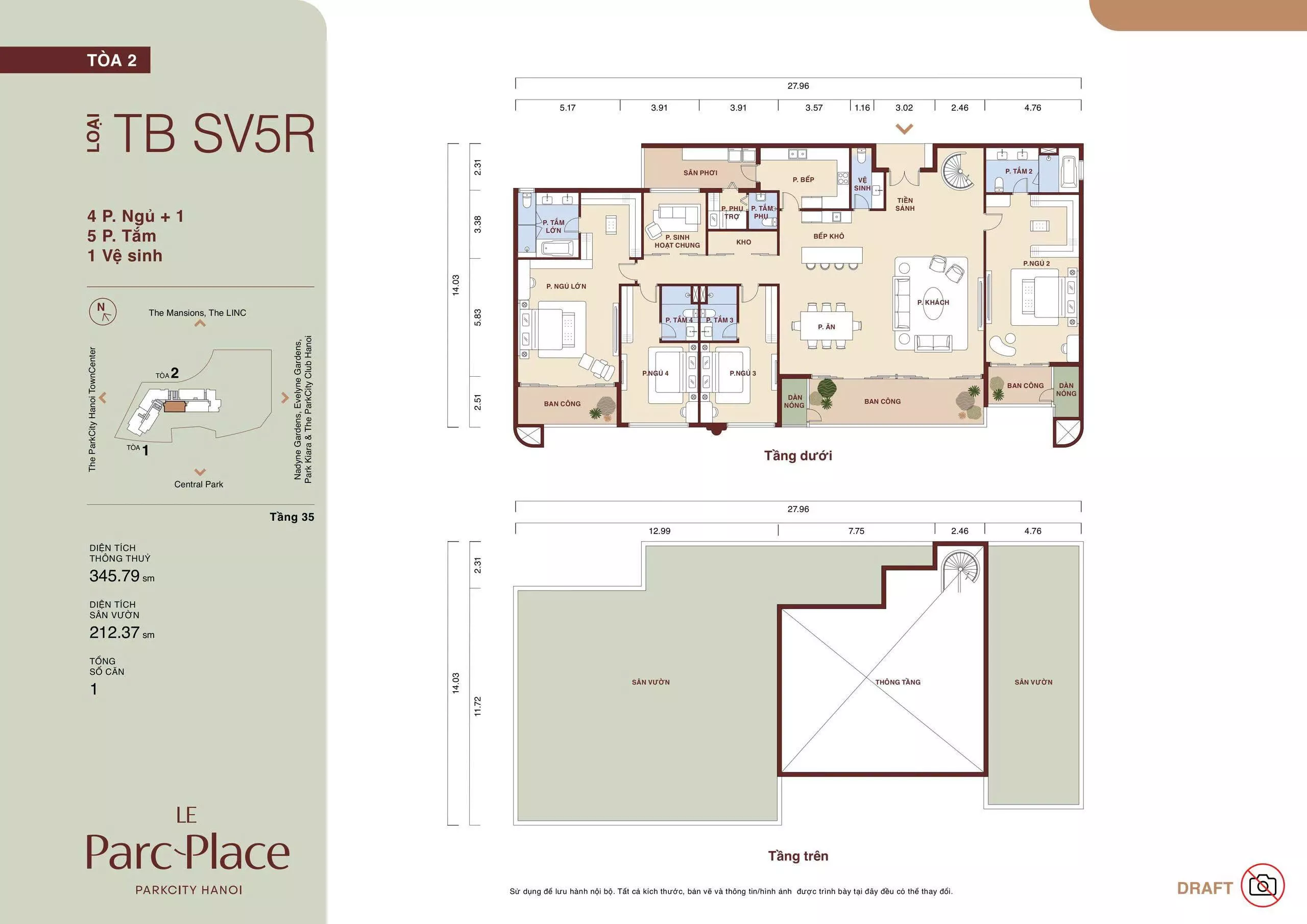 Mặt bằng Sky Villa TB SV5R Le Parc Place tòa B loại 4 phòng ngủ + 1 diện tích thông thủy 345,79 m² sân vườn 212,37 m²