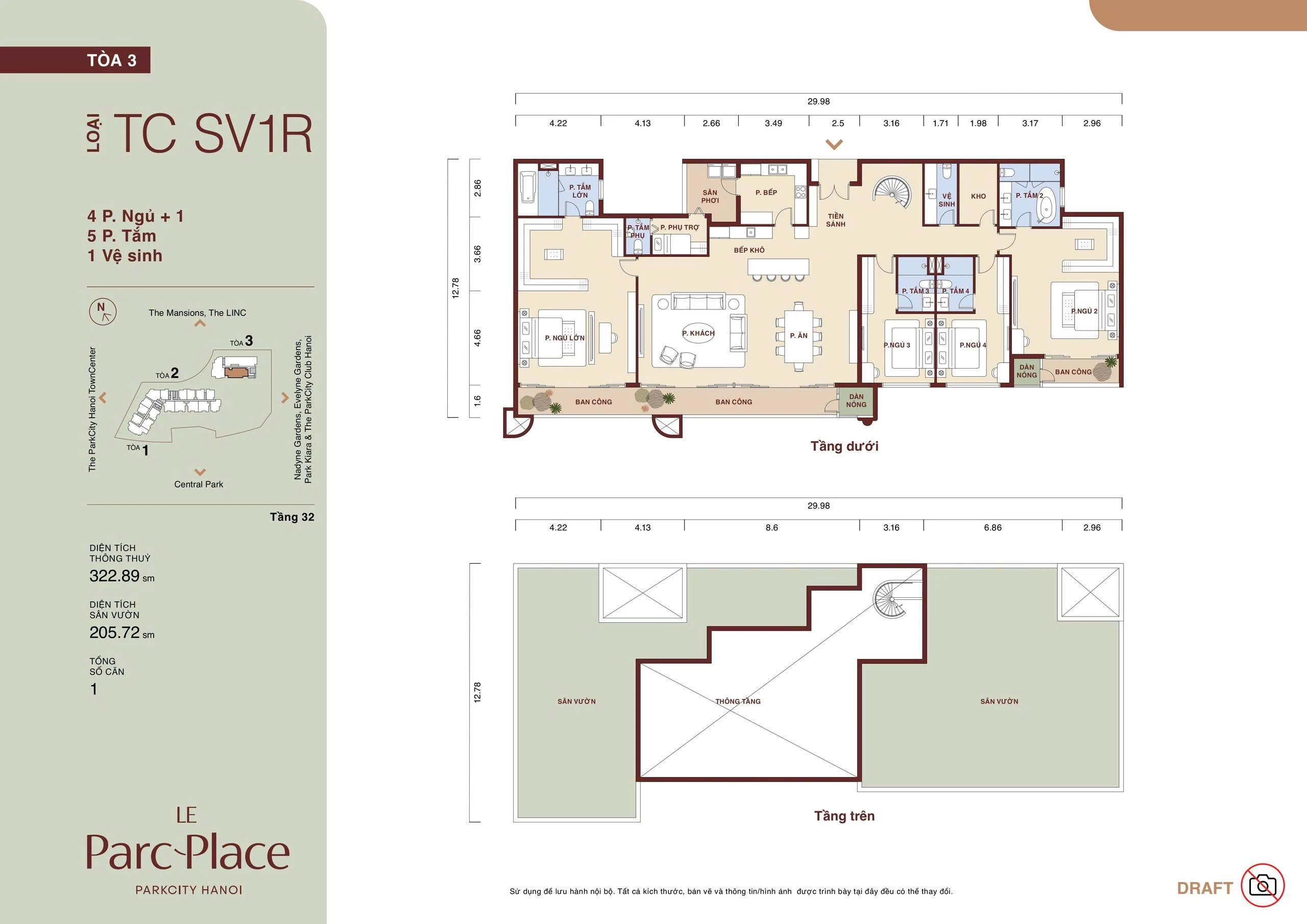 Mặt bằng Sky Villa TC SV1R Le Parc Place tòa C loại 4 phòng ngủ + 1 diện tích thông thủy 322,89 m² sân vườn 205,72 m²