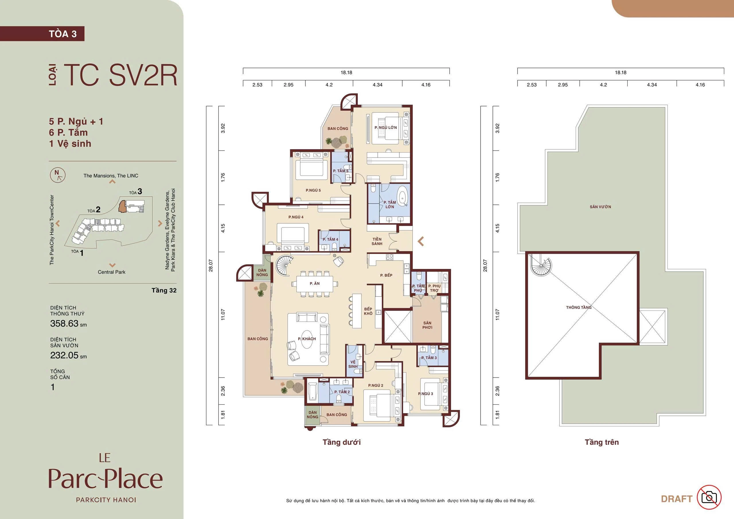 Mặt bằng Sky Villa TC SV2R Le Parc Place tòa C loại 5 phòng ngủ + 1 diện tích thông thủy 358,63 m² sân vườn 232,05 m²
