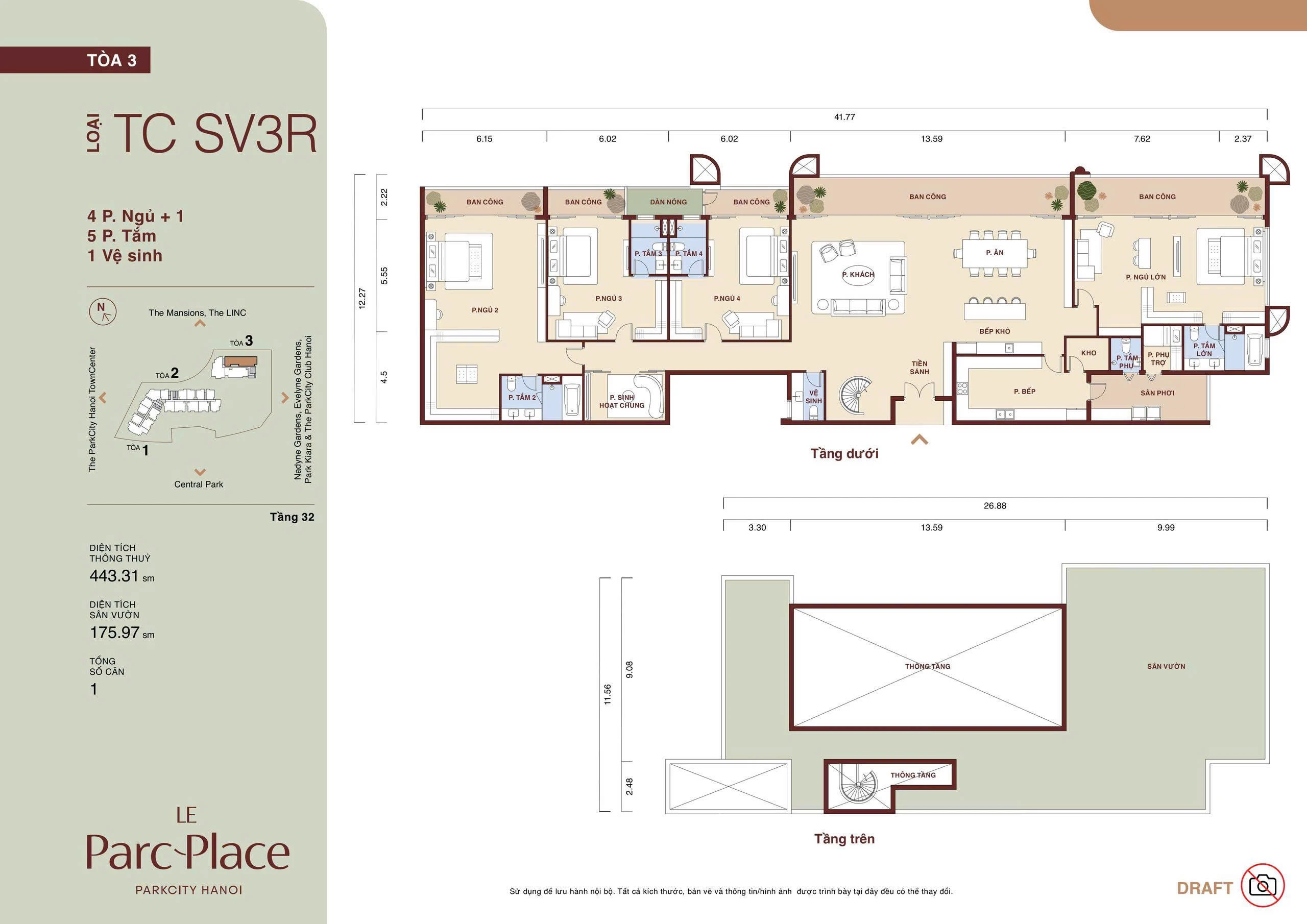 Mặt bằng Sky Villa TC SV3R Le Parc Place tòa C loại 4 phòng ngủ + 1 diện tích thông thủy 443,31 m² sân vườn 175,97 m²