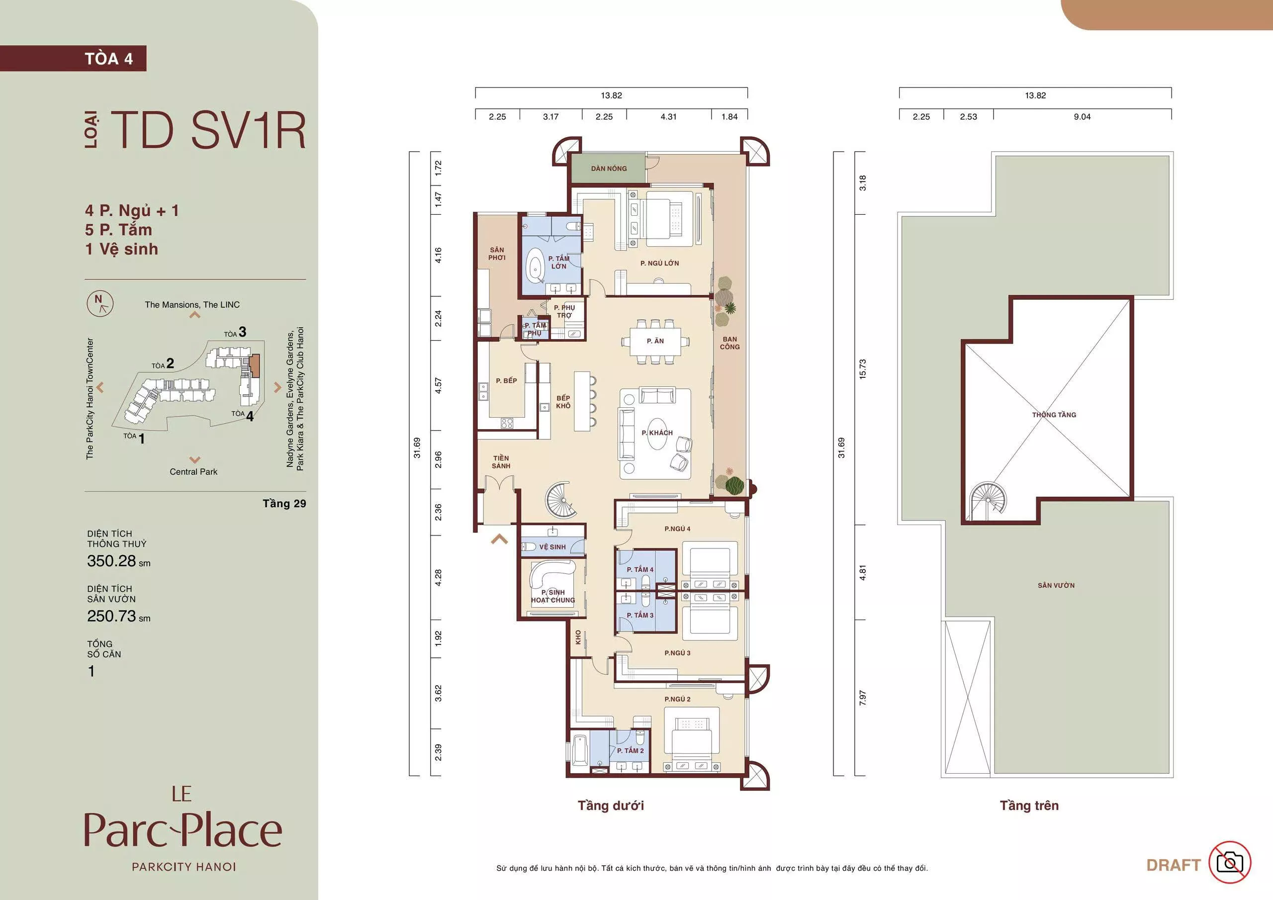 Mặt bằng Sky Villa TD SV1R Le Parc Place tòa D loại 4 phòng ngủ + 1 diện tích thông thủy 350,28 m² sân vườn 250,73 m²