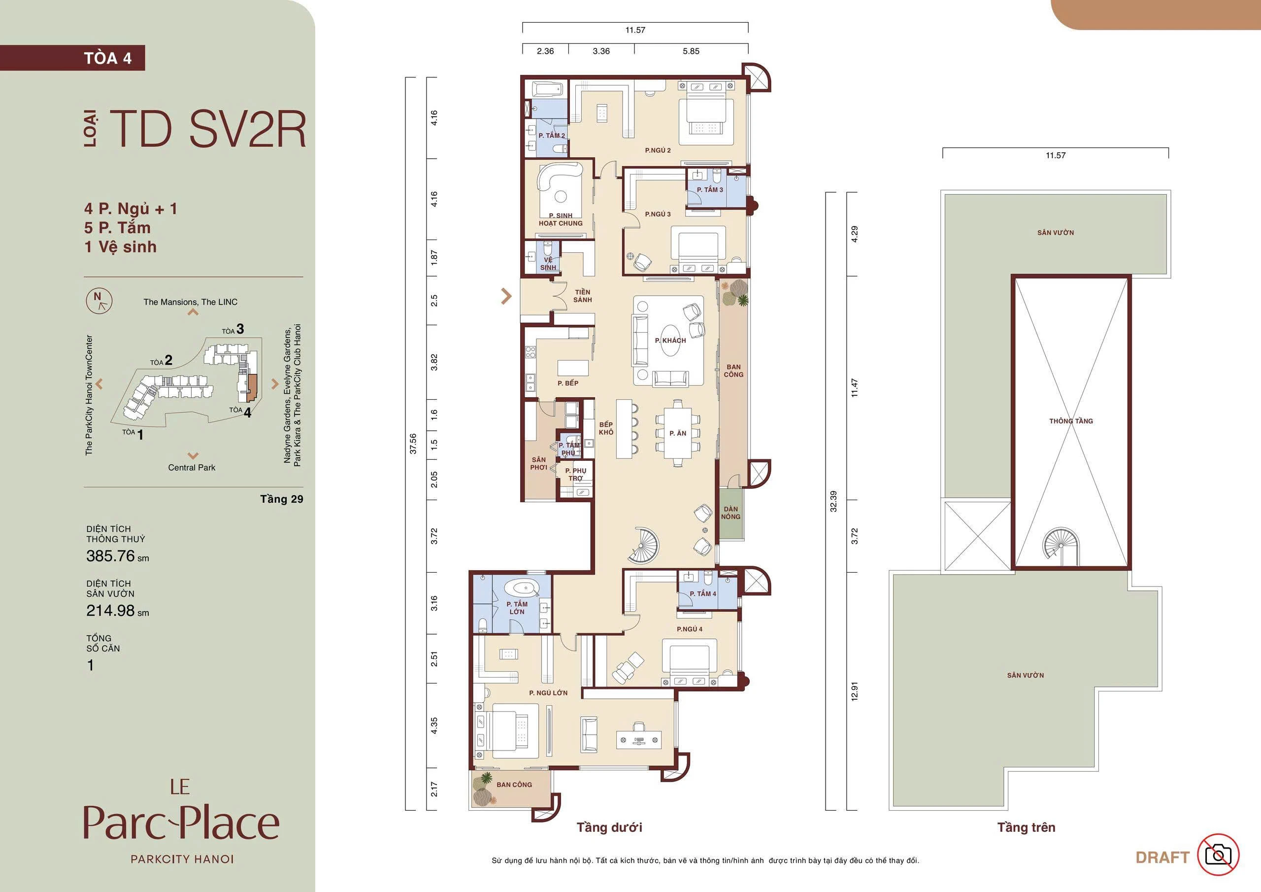 Mặt bằng Sky Villa TD SV2R Le Parc Place tòa D loại 4 phòng ngủ + 1 diện tích thông thủy 385,76 m² sân vườn 214,98 m²
