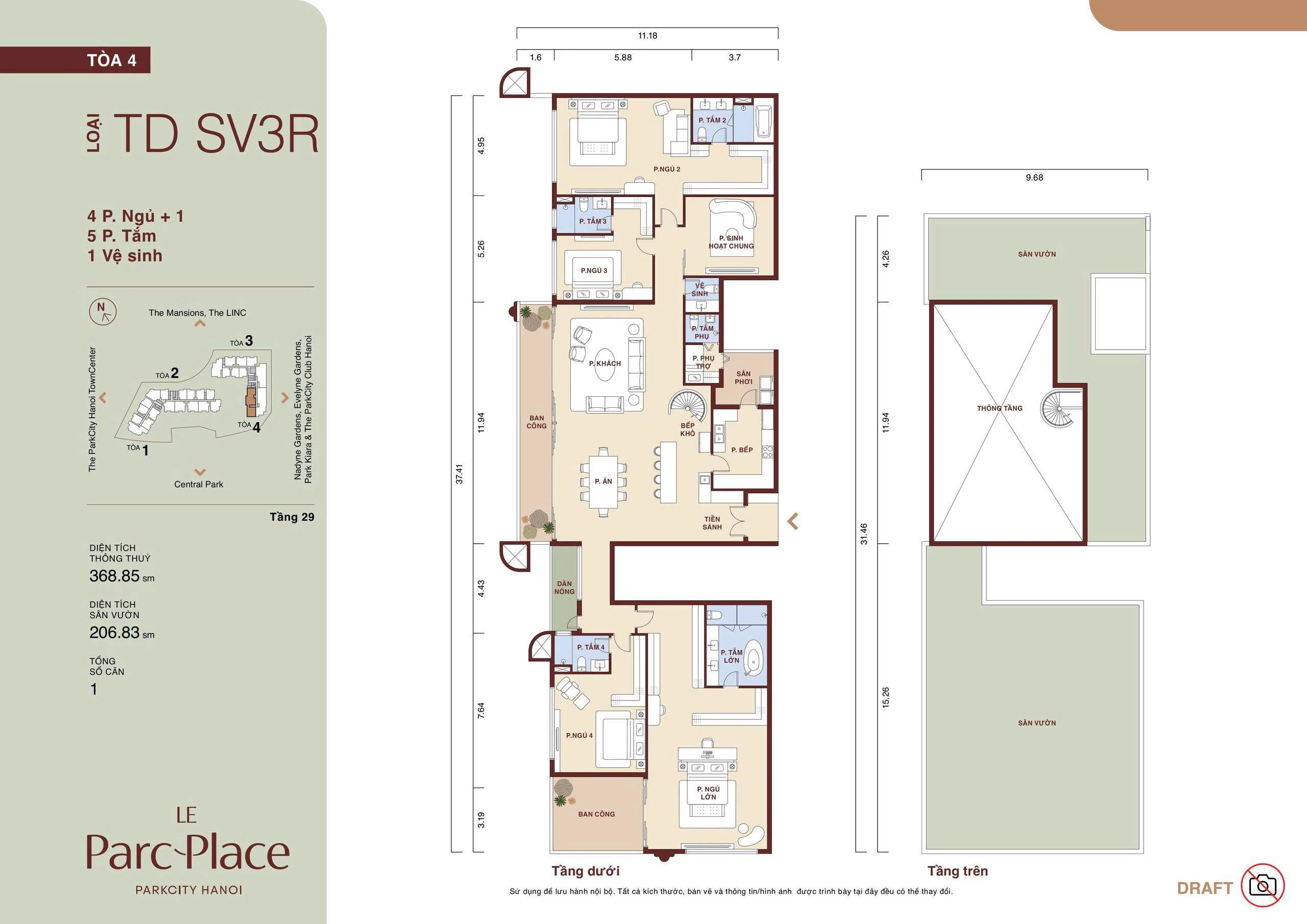 Mặt bằng Sky Villa TD SV3R Le Parc Place tòa D loại 4 phòng ngủ + 1 diện tích thông thủy 368,85 m² sân vườn 206,83 m²