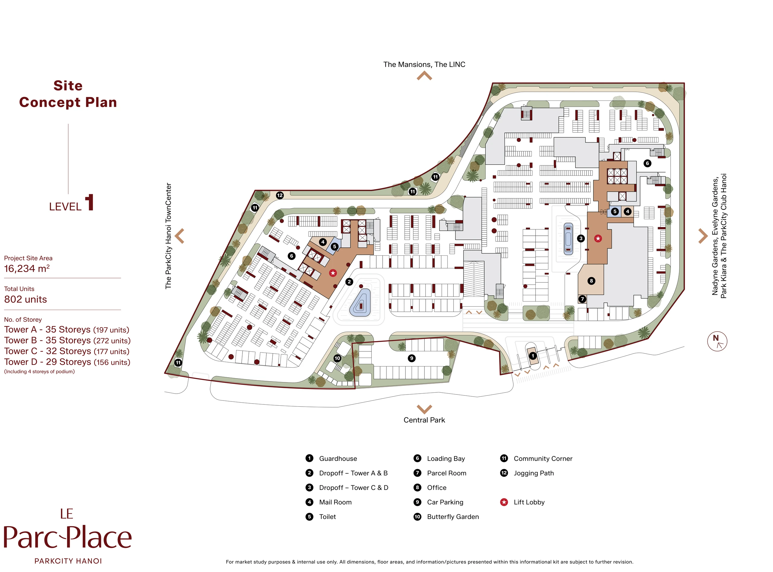 Mặt bằng tầng 1 Le Parc Place với sảnh đón, khu đón trả khách, phòng nhận bưu phẩm và vườn cảnh quan