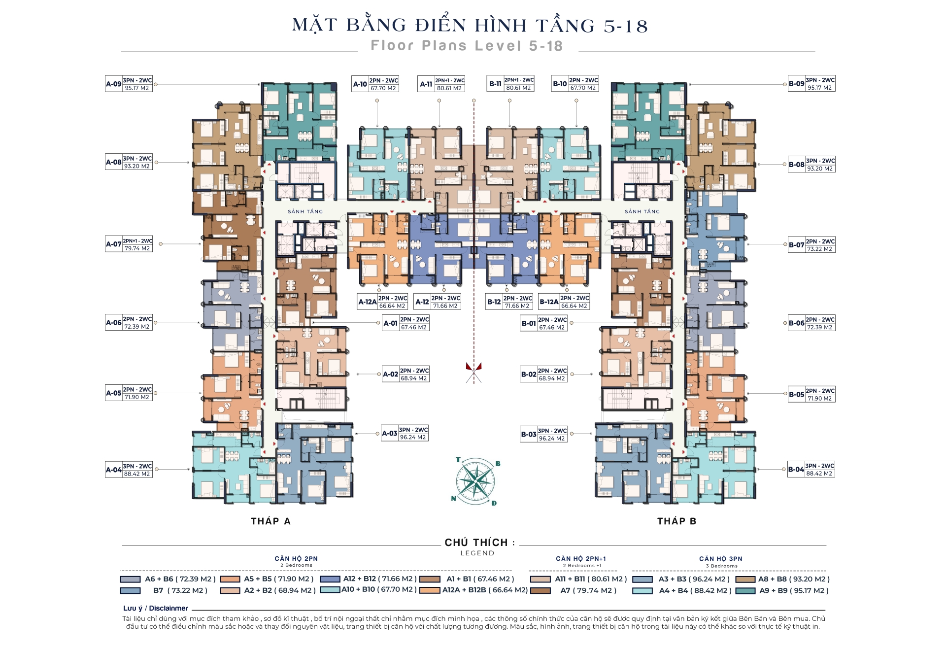Mặt bằng tầng điển hình 5–18 Moonlight 2 với mã căn và diện tích từng căn tại tháp A và tháp B