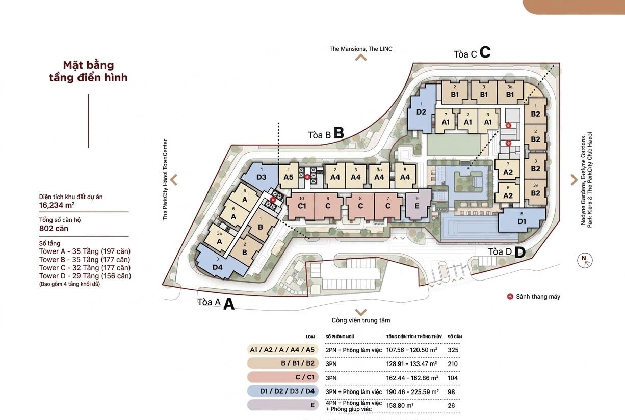 Mặt bằng tầng điển hình Le Parc Place với vị trí các căn A, B, C, D, E trên bốn tòa tháp