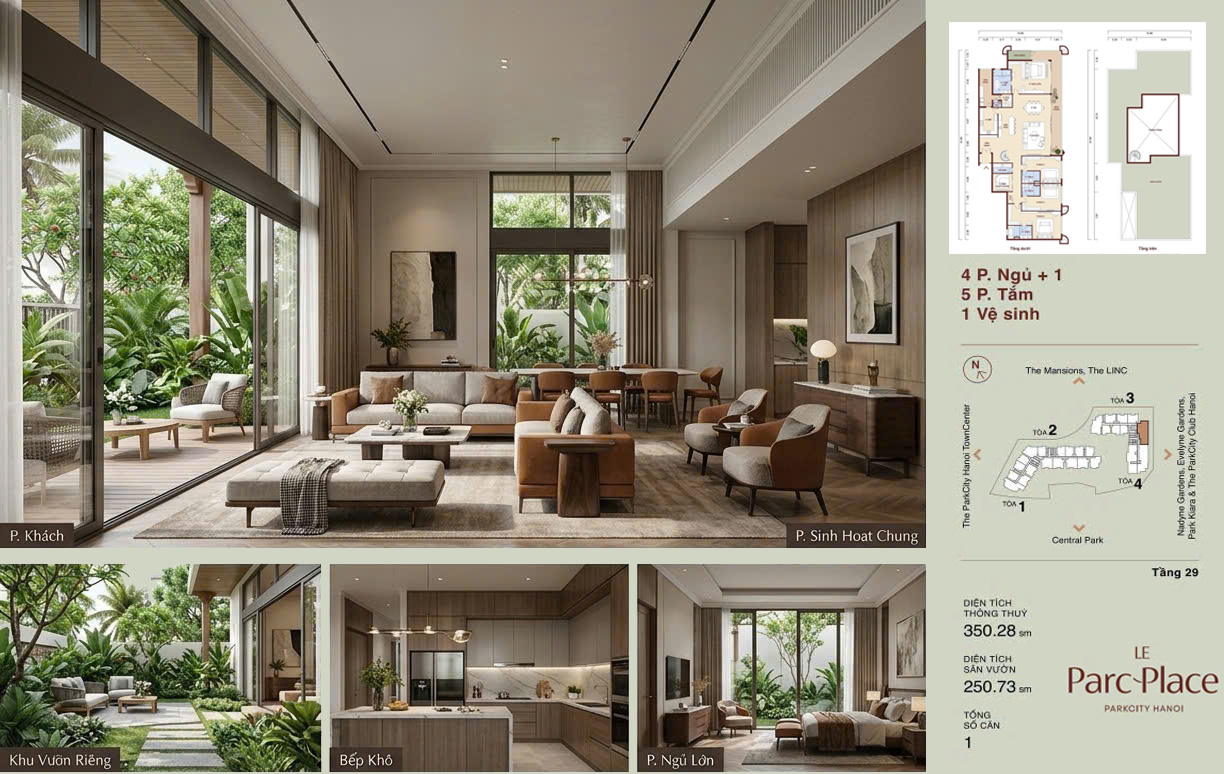 Nội thất Sky Villa duplex Le Parc Place với phòng khách, bếp khô, phòng ngủ lớn và vườn riêng