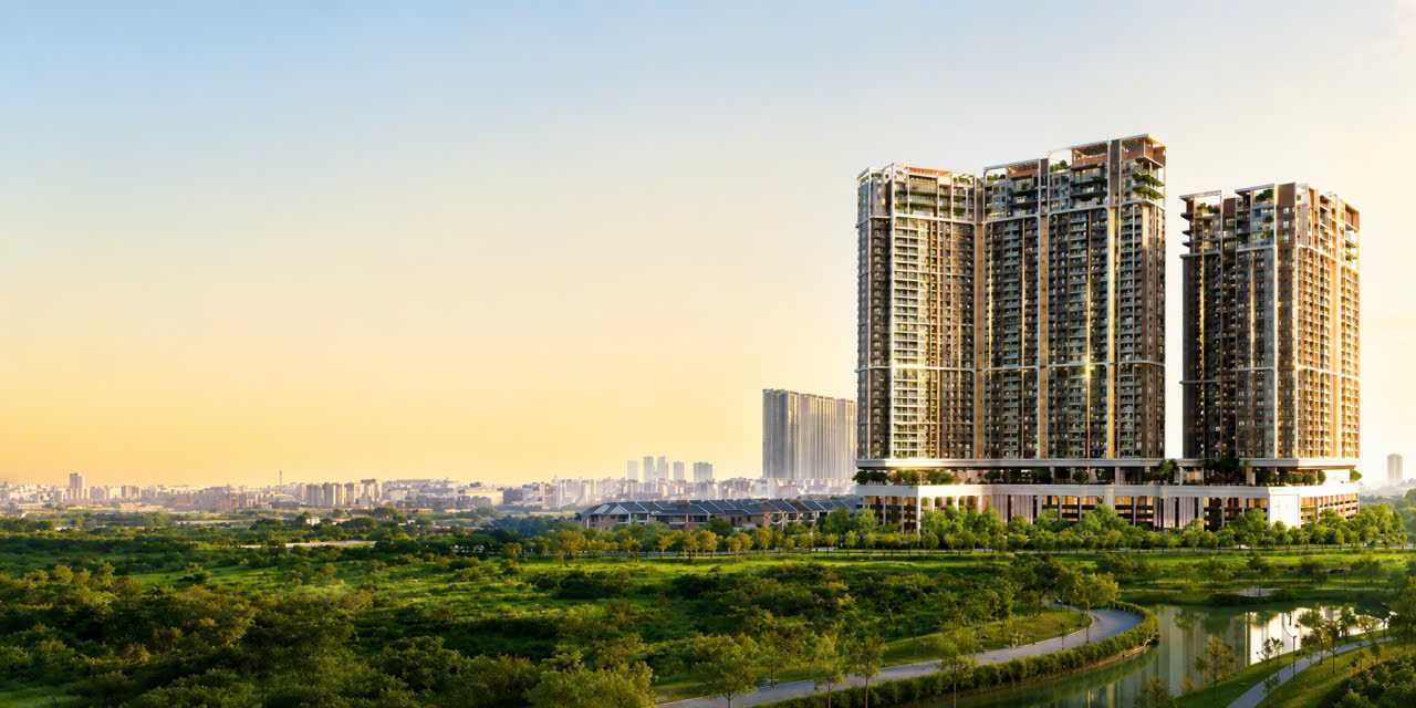 Phối cảnh bốn tòa tháp Le Parc Place ParkCity Hanoi bên công viên và hồ trung tâm lúc hoàng hôn