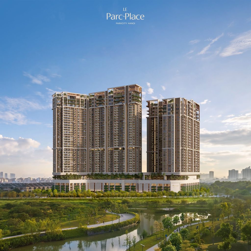 Phối cảnh các tòa tháp Le Parc Place nhìn từ công viên trung tâm ParkCity Hanoi