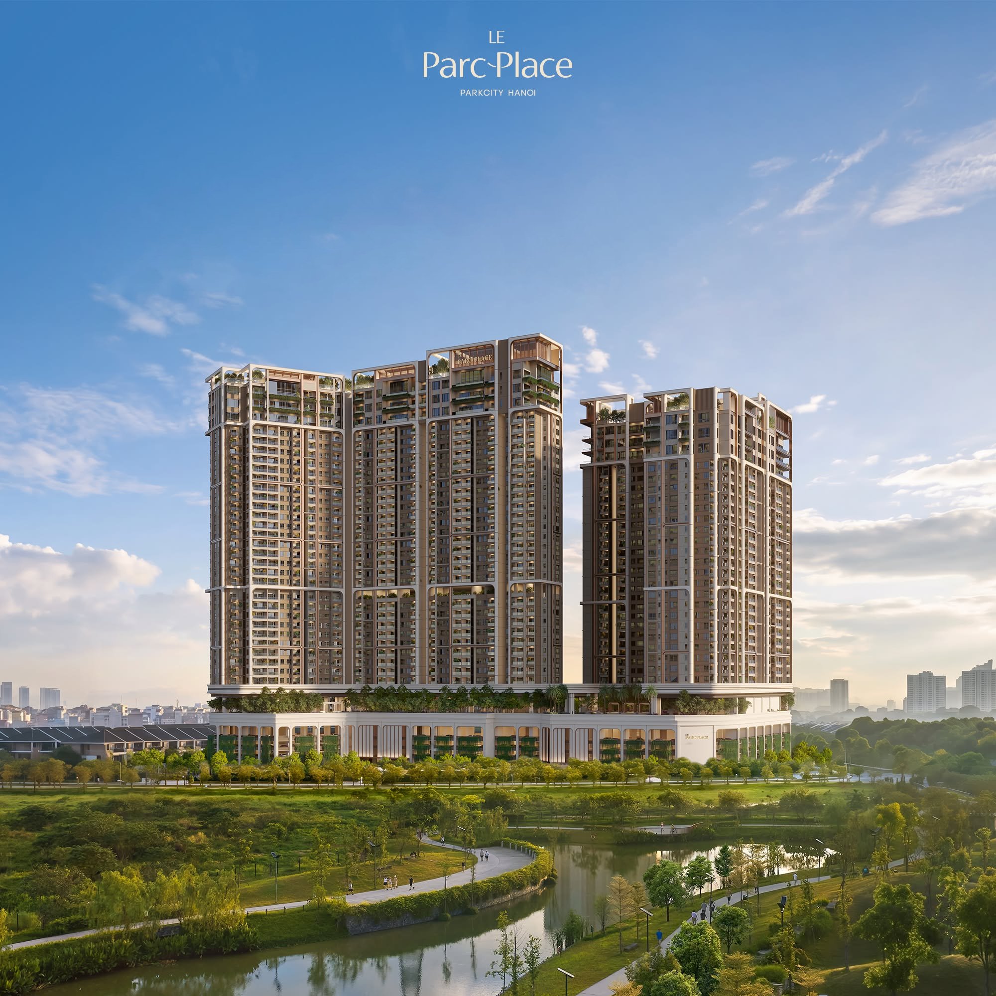 Phối cảnh các tòa tháp Le Parc Place nhìn từ công viên trung tâm ParkCity Hanoi