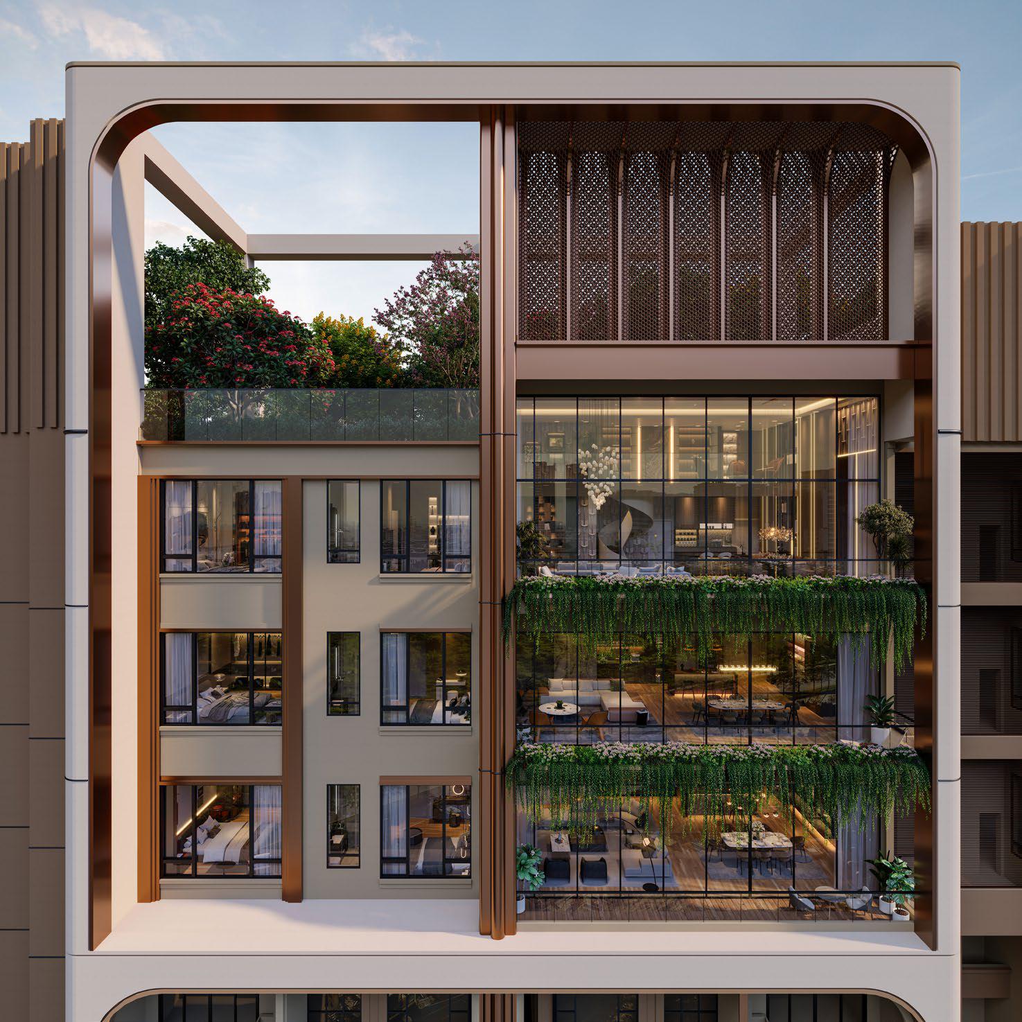 Phối cảnh mặt ngoài Sky Villa duplex Le Parc Place với vườn treo và sân thượng riêng