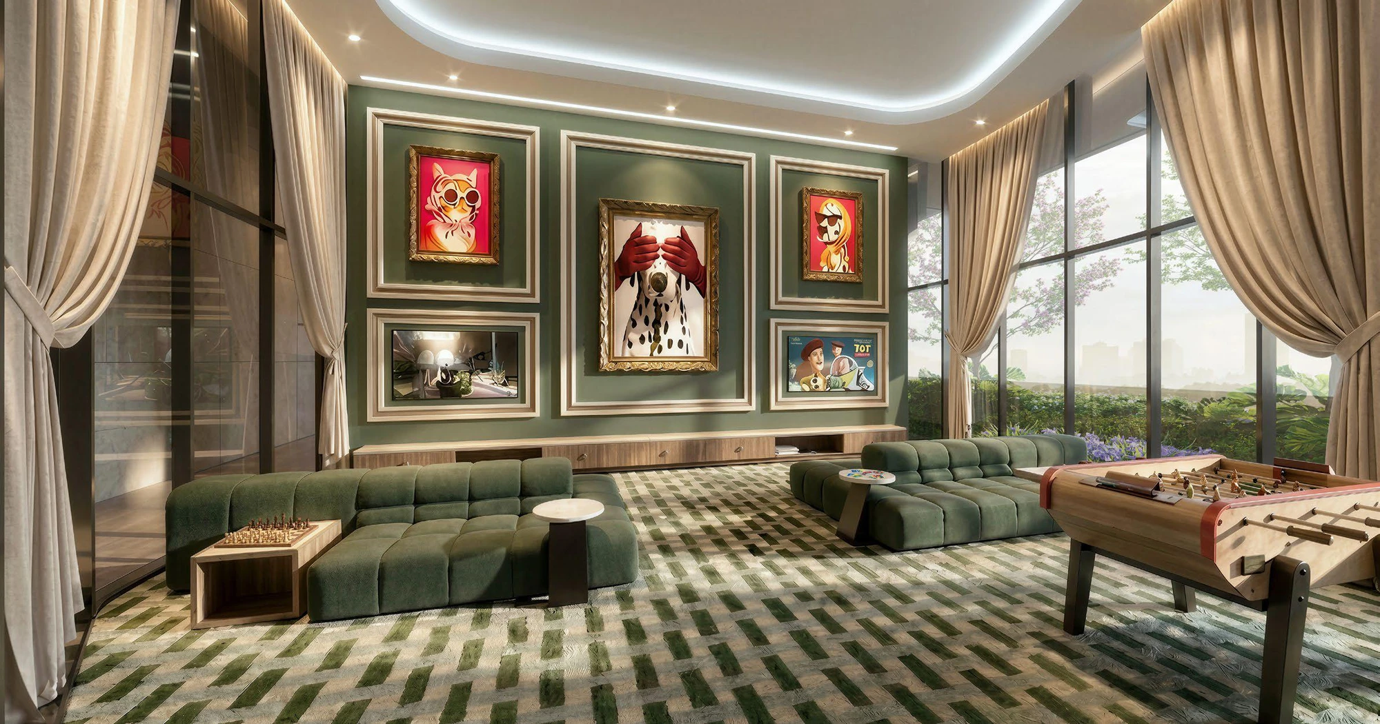 Phòng chơi game tầng 5 Le Parc Place với bàn bi lắc và sofa