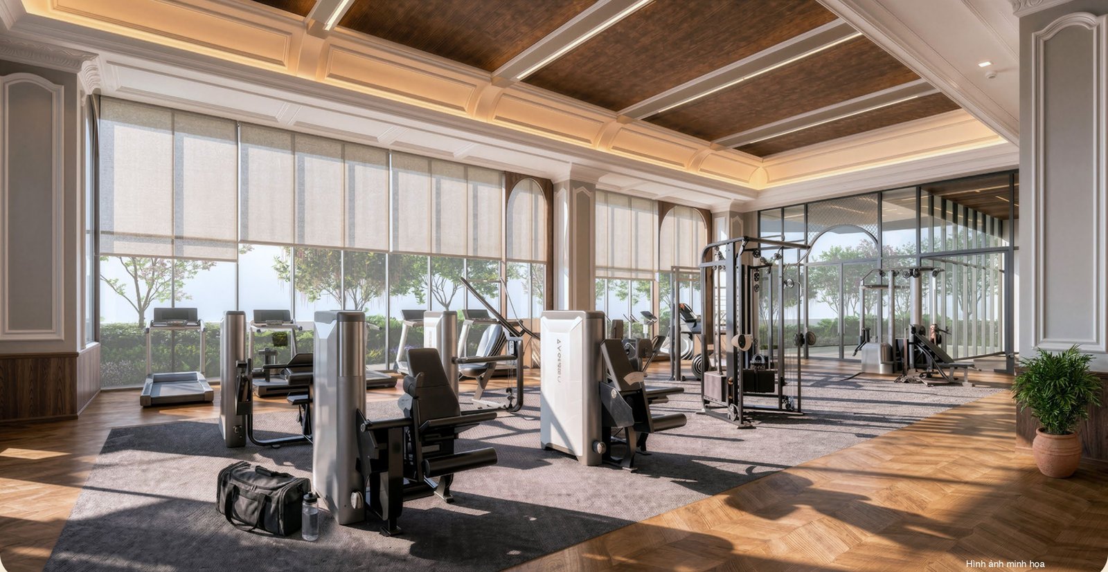 Phòng gym tầng 5 Le Parc Place với hệ kính lớn nhìn ra cây xanh