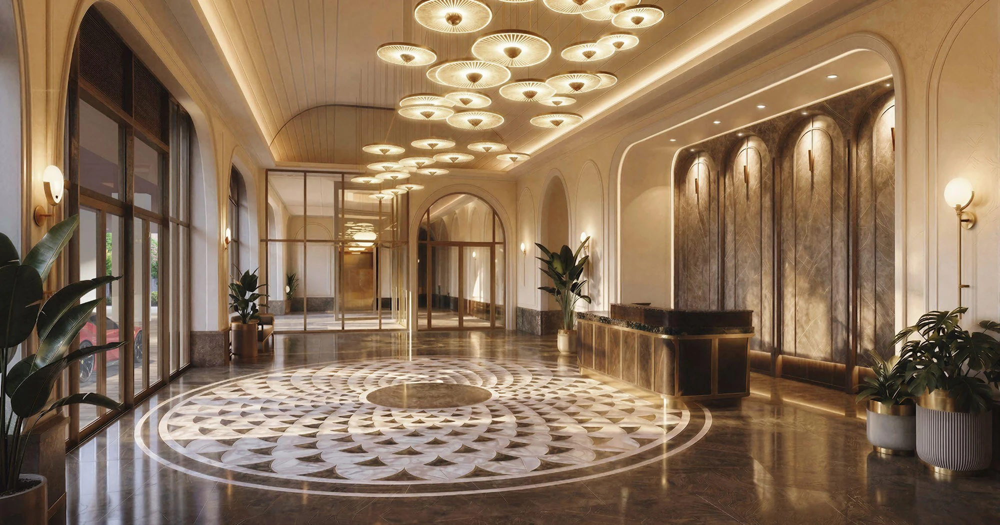 Sảnh chính tầng 1 Le Parc Place với sàn đá hoa văn và đèn chùm