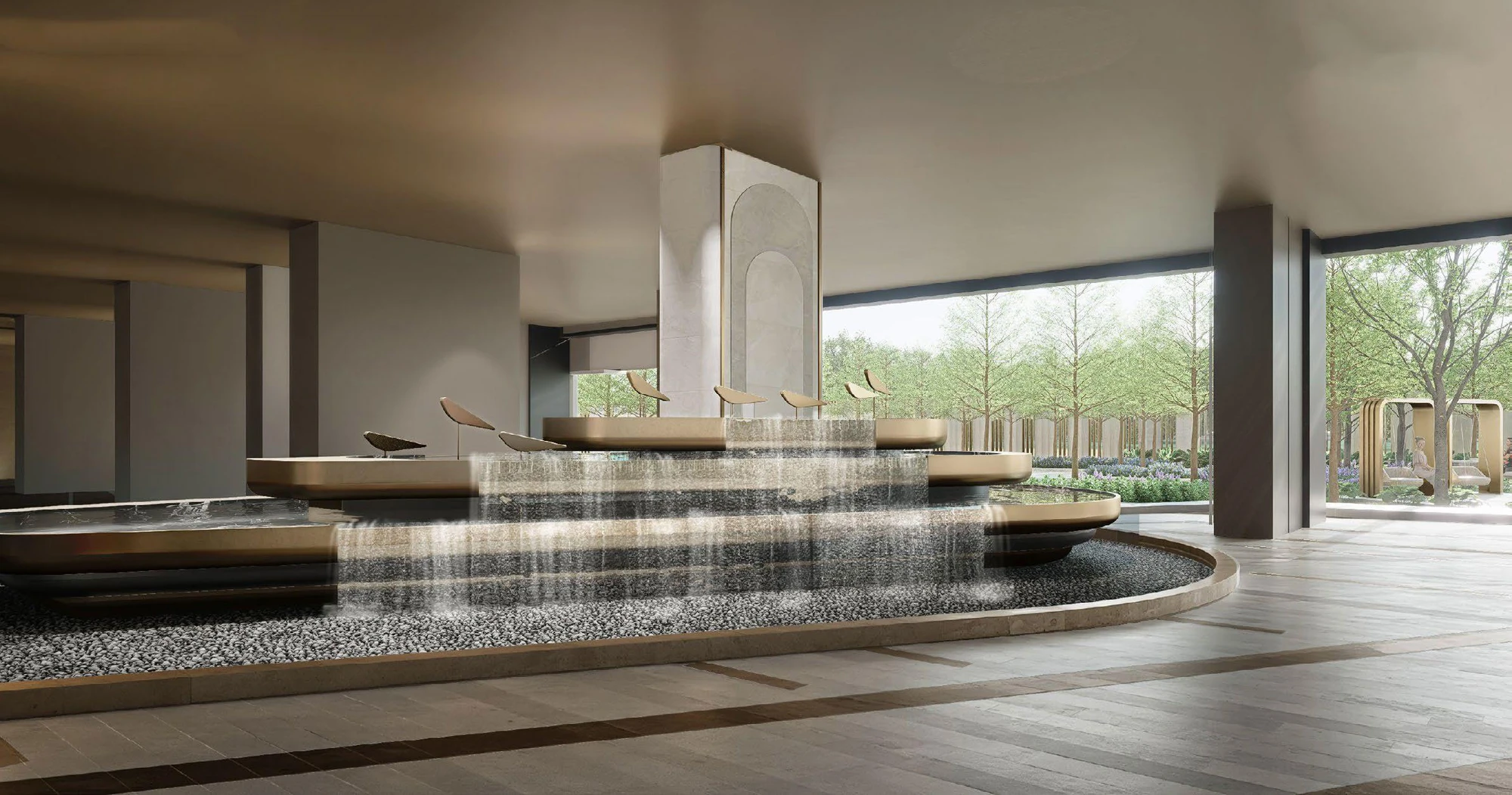Sảnh chờ tòa 1 và tòa 2 tại tầng 1 Le Parc Place với tiểu cảnh nước