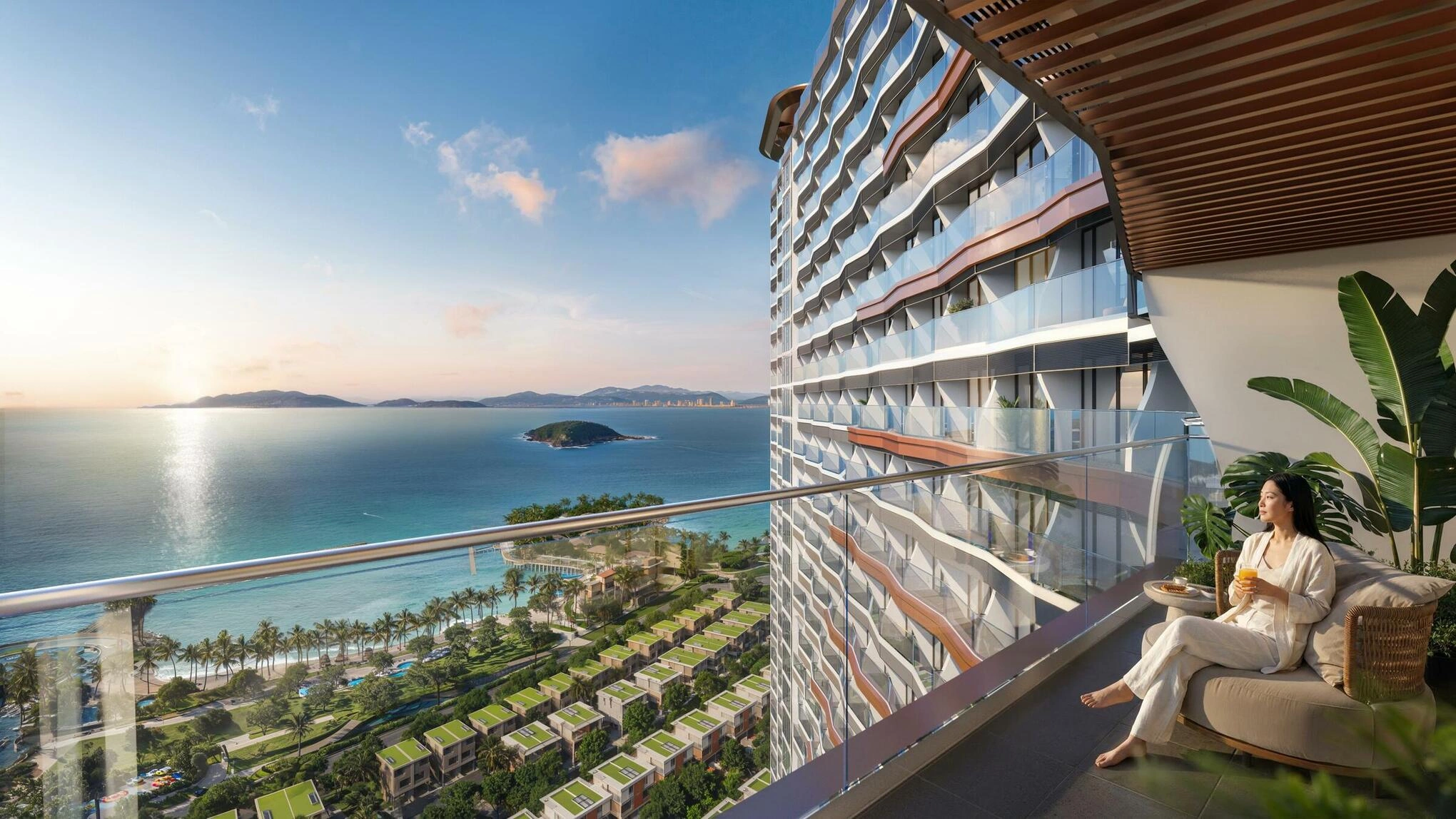 Facade kiến trúc "WAVERLY" độc bản mô phỏng nhịp điệu sóng biển, tạo nên dấu ấn sang trọng và kiệt tác nghệ thuật ngay giữa lòng vịnh Nha Trang.